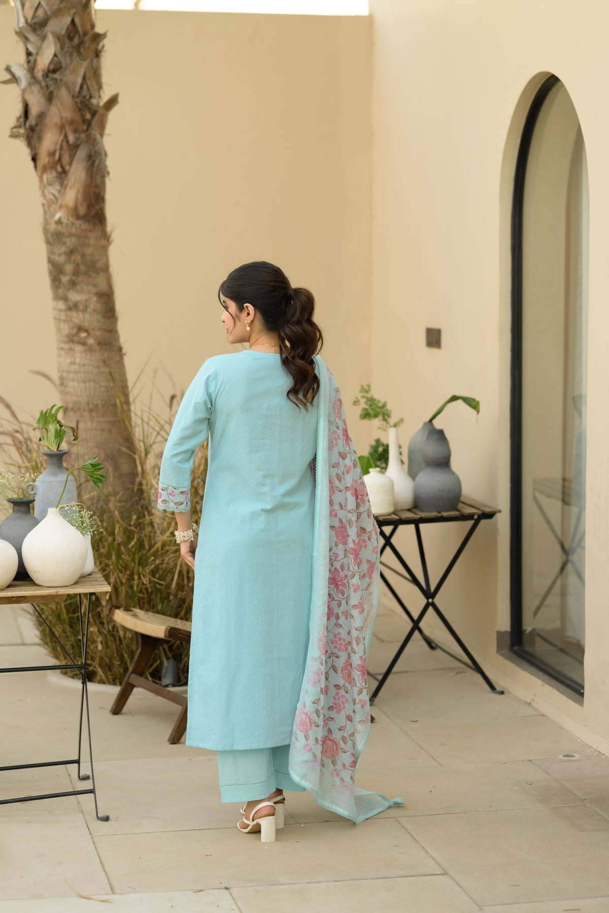 Sky Blue Dobby Cotton with Floral Chanderi Patch Print Kurta and Dupatta Suit Set