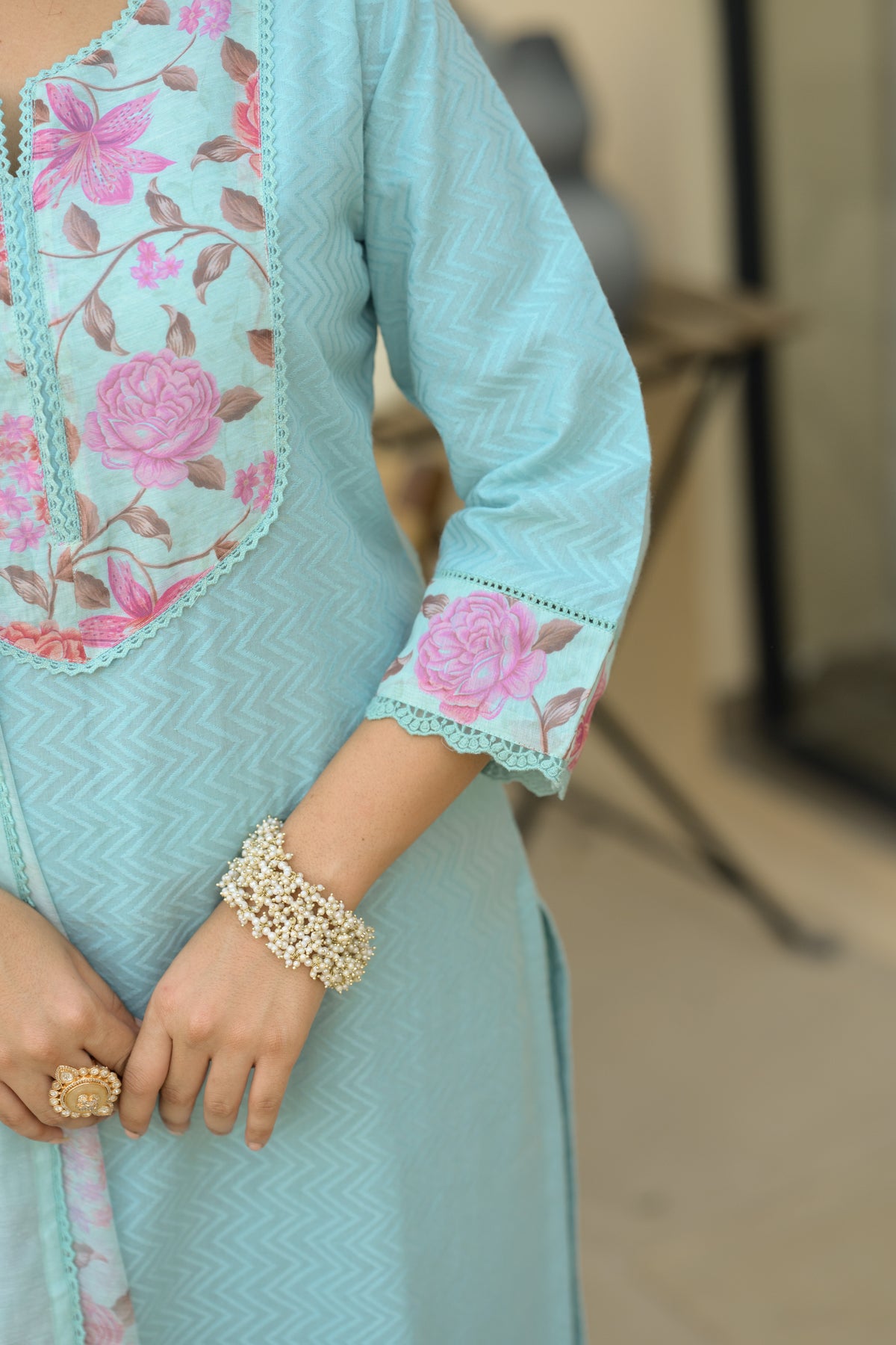 Sky Blue Dobby Cotton with Floral Chanderi Patch Print Kurta and Dupatta Suit Set