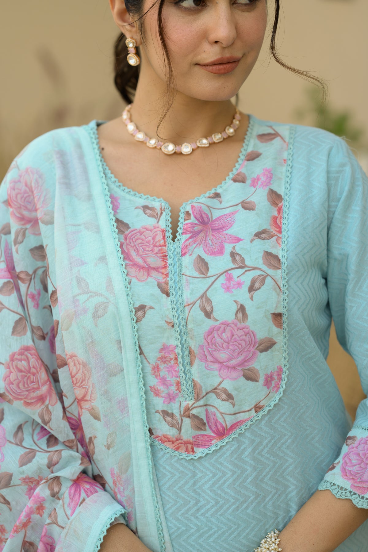 Sky Blue Dobby Cotton with Floral Chanderi Patch Print Kurta and Dupatta Suit Set
