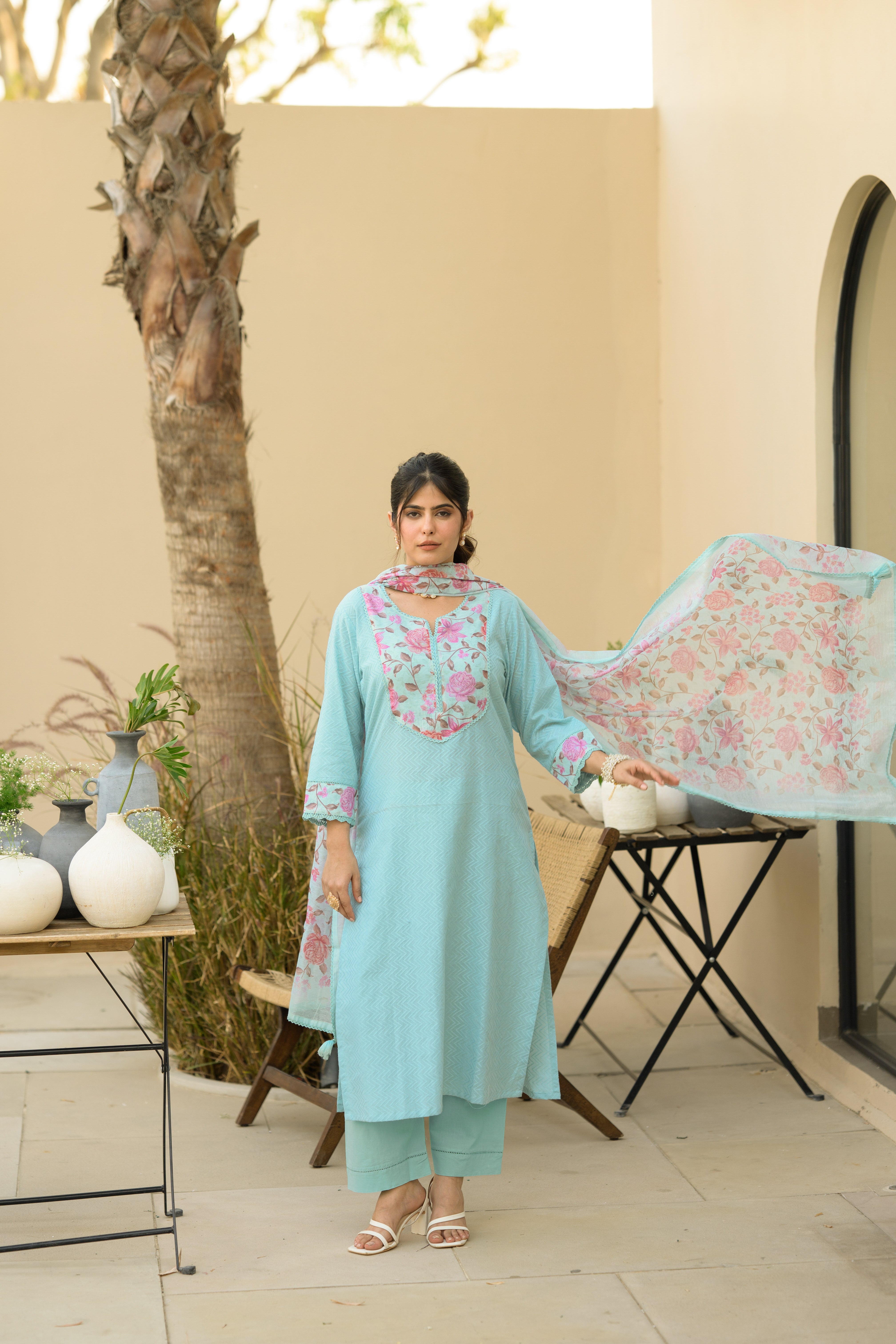 Sky Blue Dobby Cotton with Floral Chanderi Patch Print Kurta and Dupatta Suit Set