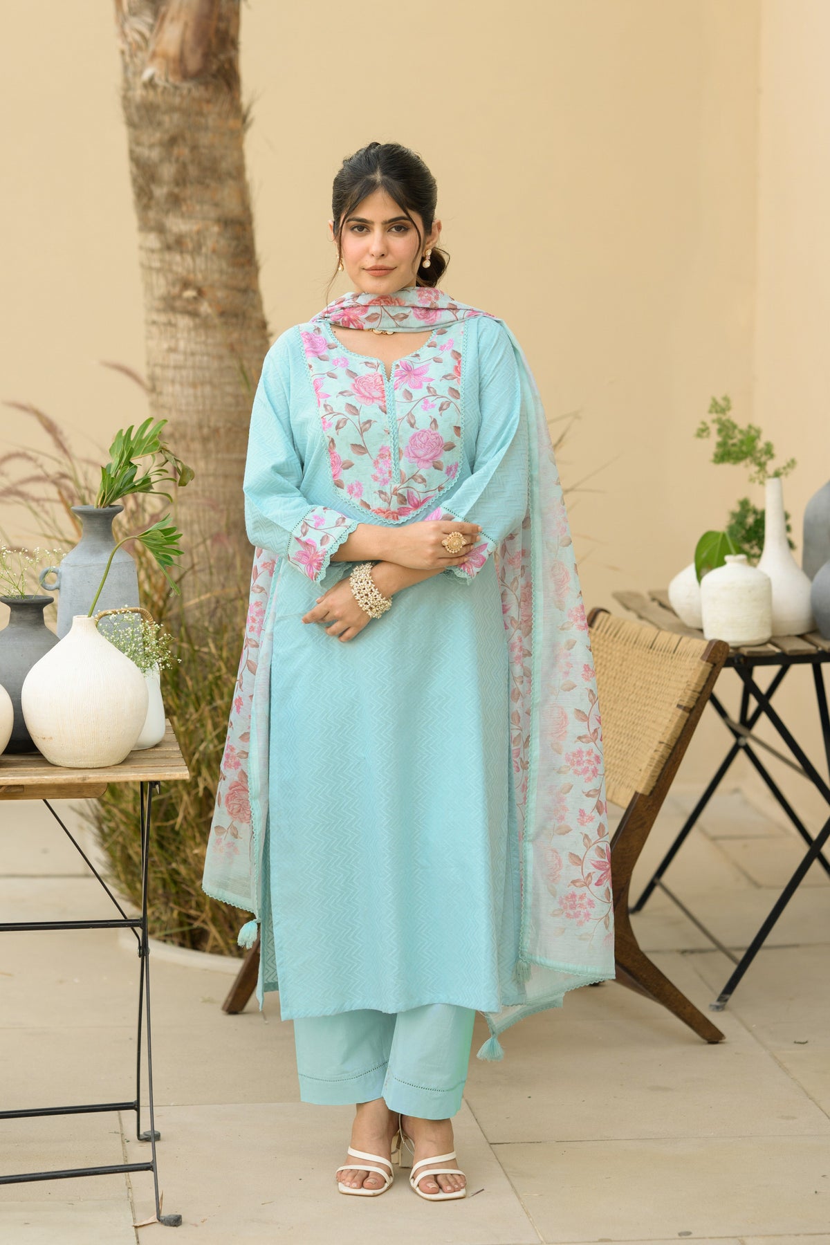Sky Blue Dobby Cotton with Floral Chanderi Patch Print Kurta and Dupatta Suit Set