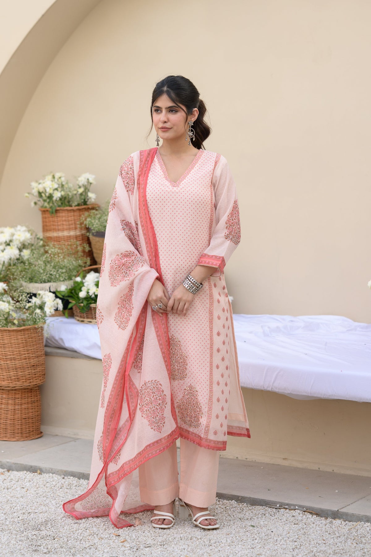 Peach Block Print Chanderi Suit Set with Gota Spread Work