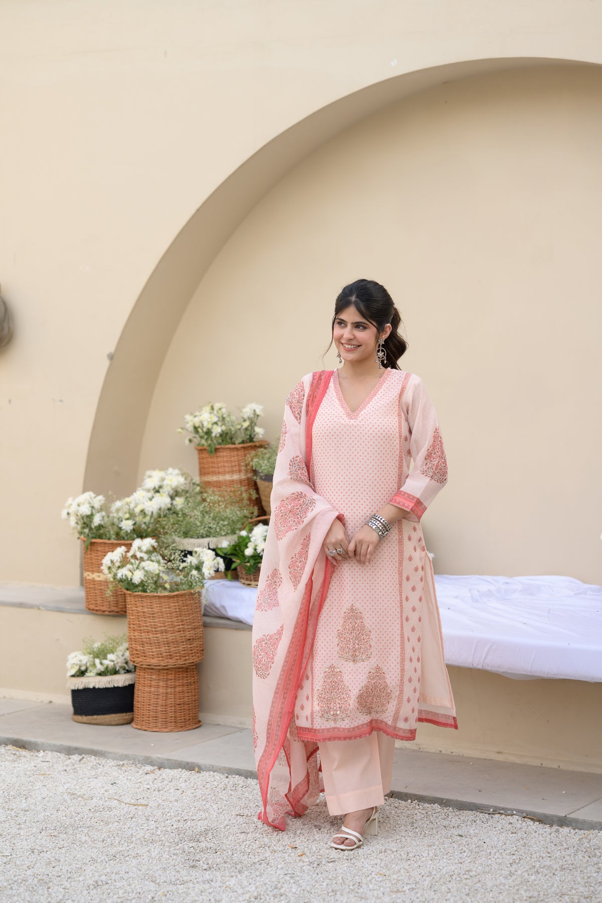 Peach Block Print Chanderi Suit Set with Gota Spread Work