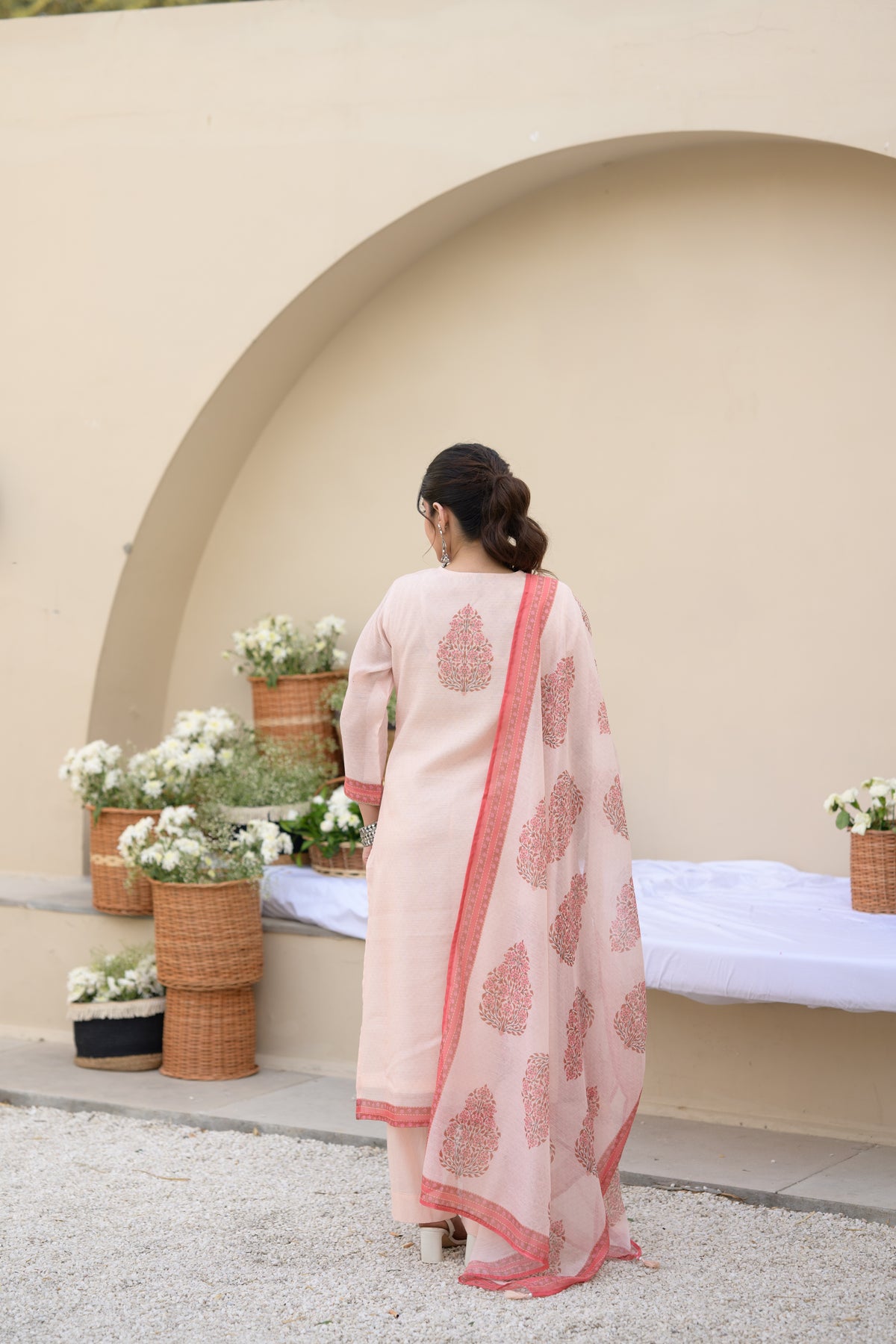 Peach Block Print Chanderi Suit Set with Gota Spread Work