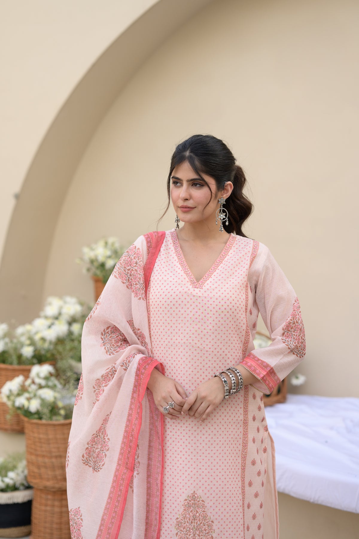Peach Block Print Chanderi Suit Set with Gota Spread Work