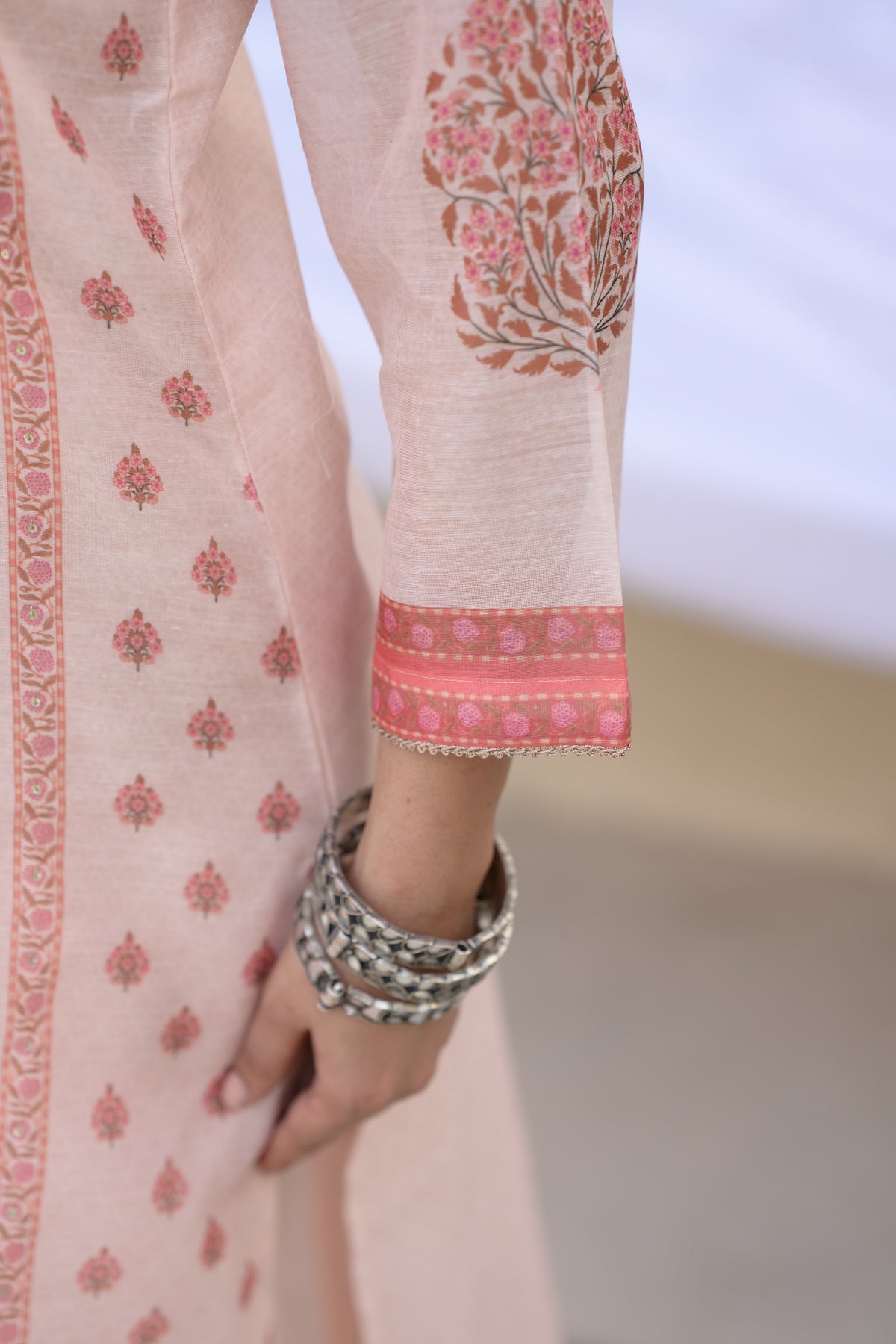 Peach Block Print Chanderi Suit Set with Gota Spread Work