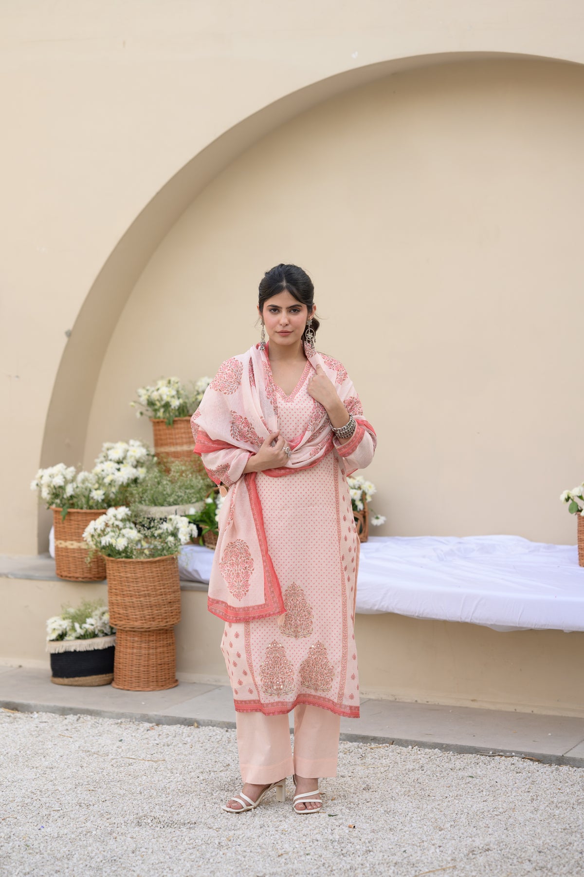 Peach Block Print Chanderi Suit Set with Gota Spread Work