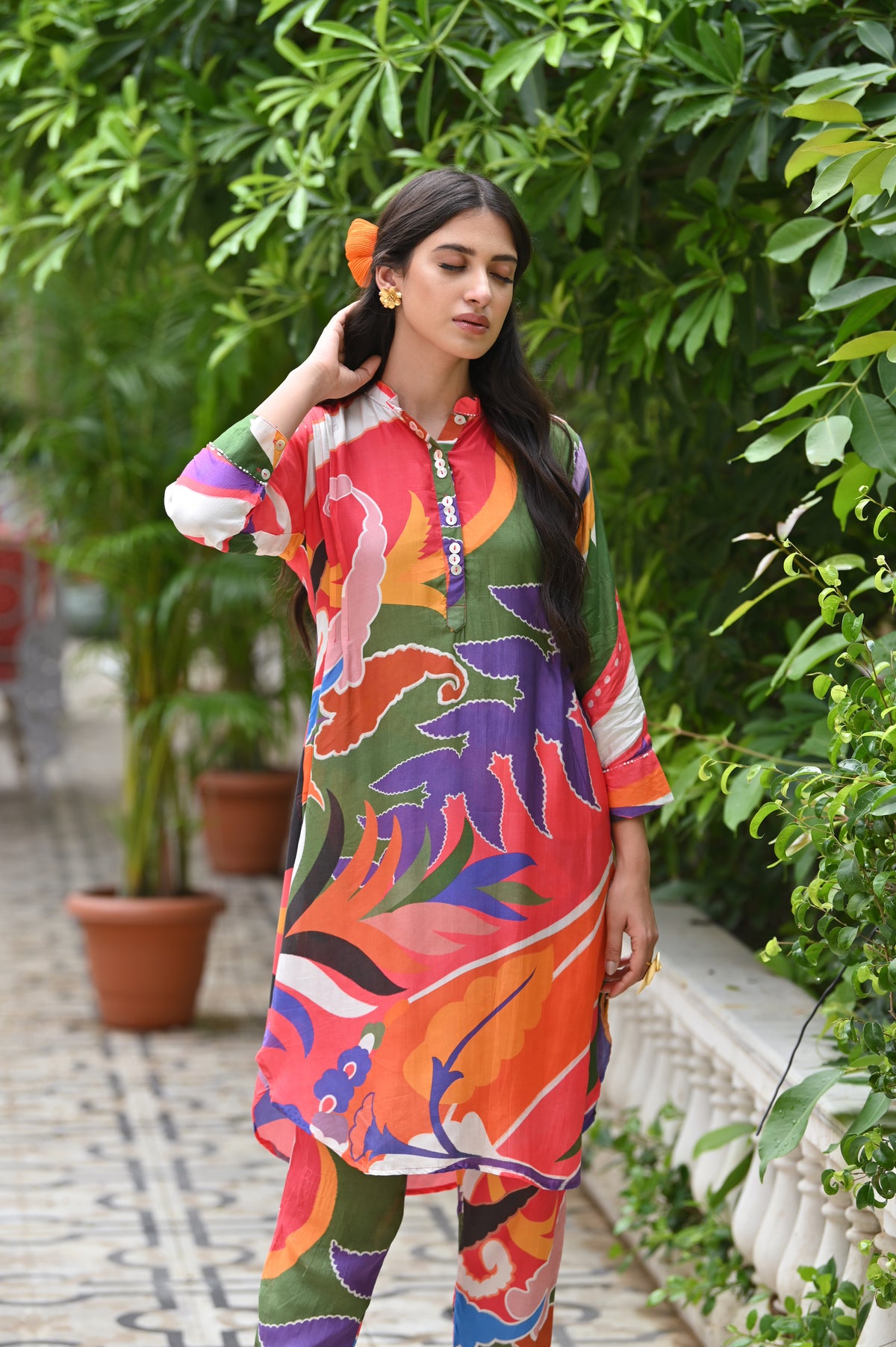 Purple and Orange Leaf Print Coord Set