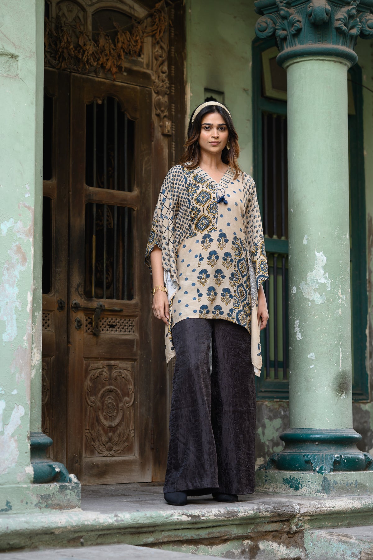 Beige and Blue Placement Print Muslin Kaftan
