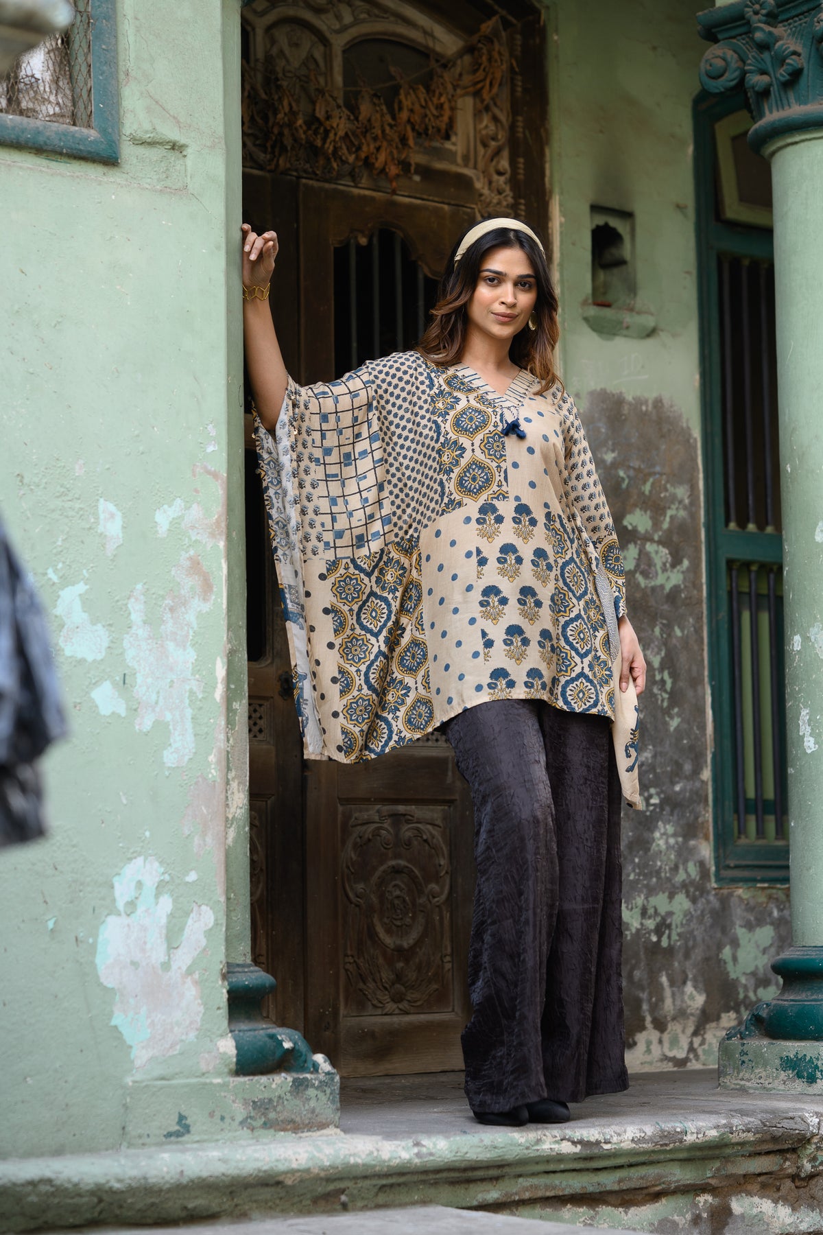 Beige and Blue Placement Print Muslin Kaftan