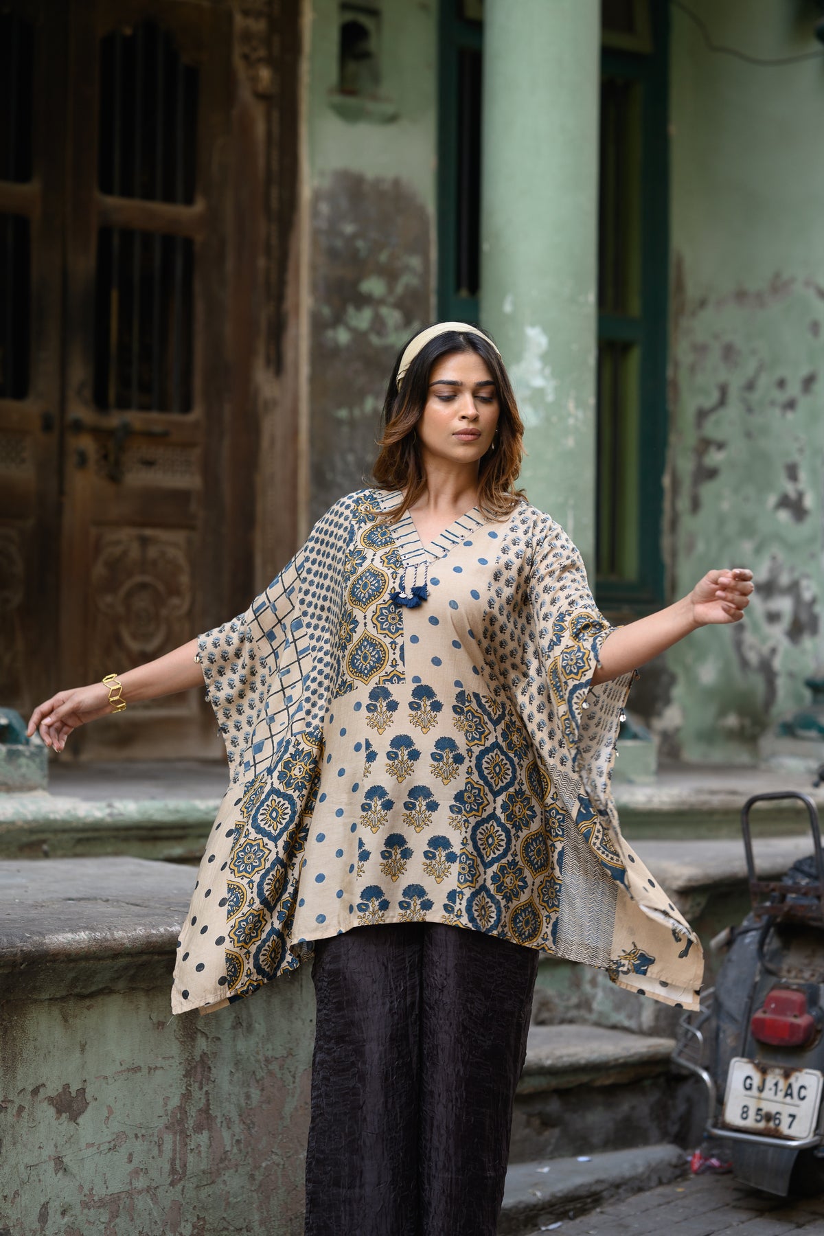 Beige and Blue Placement Print Muslin Kaftan