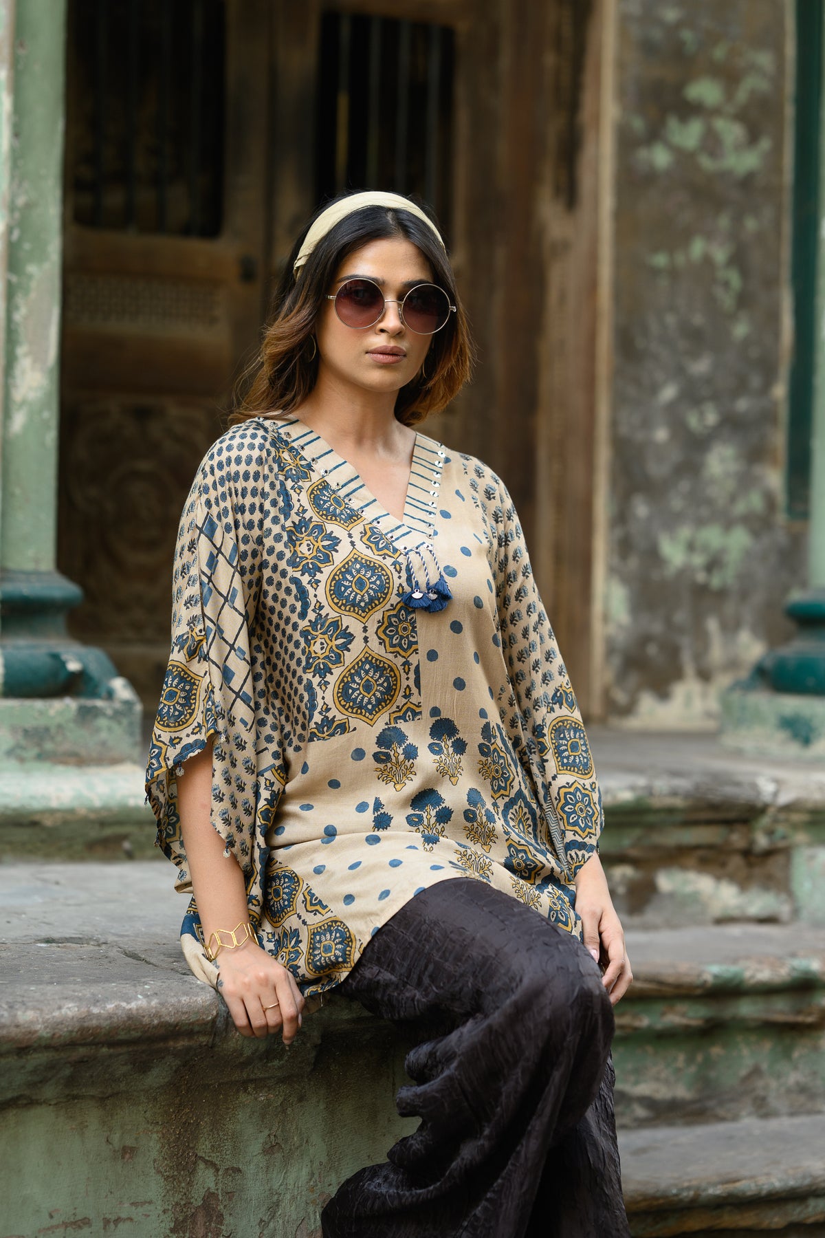 Beige and Blue Placement Print Muslin Kaftan