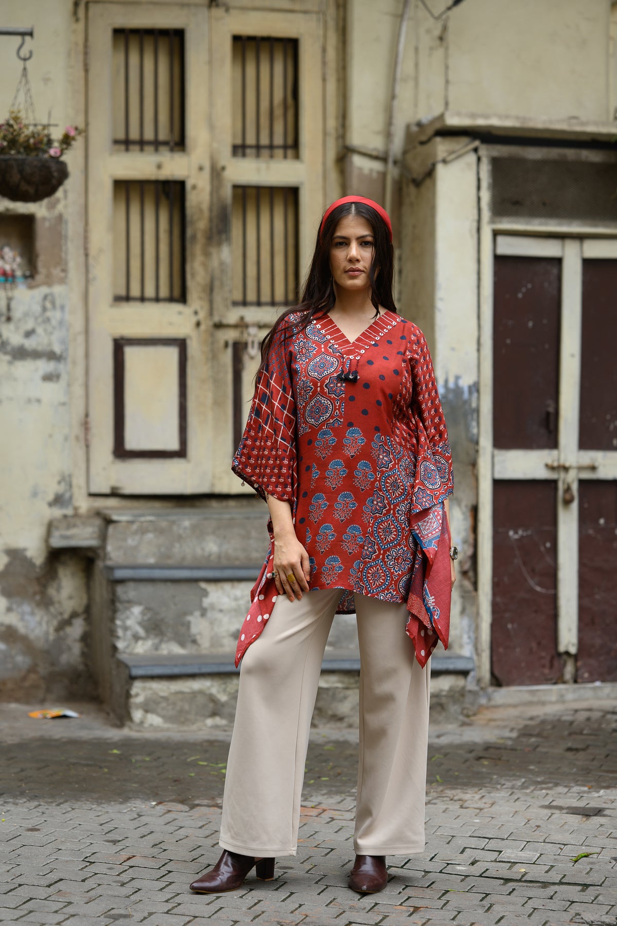Red Block Placement Print Muslin Kaftan