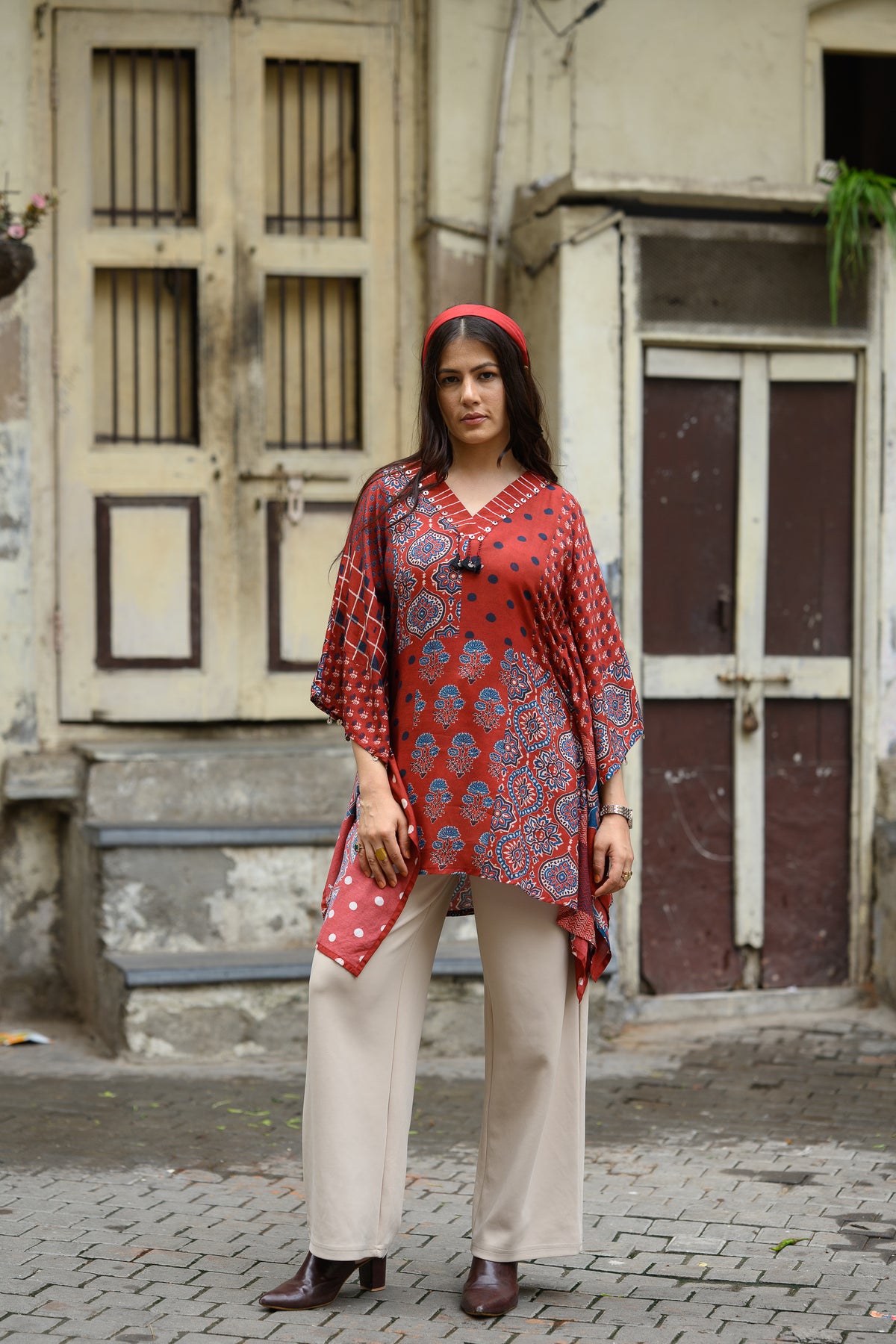 Red Block Placement Print Muslin Kaftan