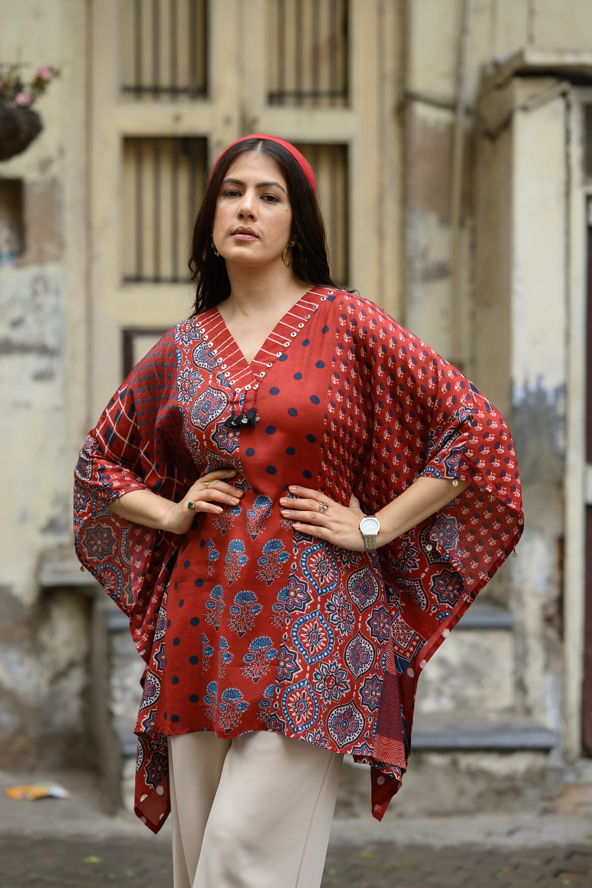 Red Block Placement Print Muslin Kaftan