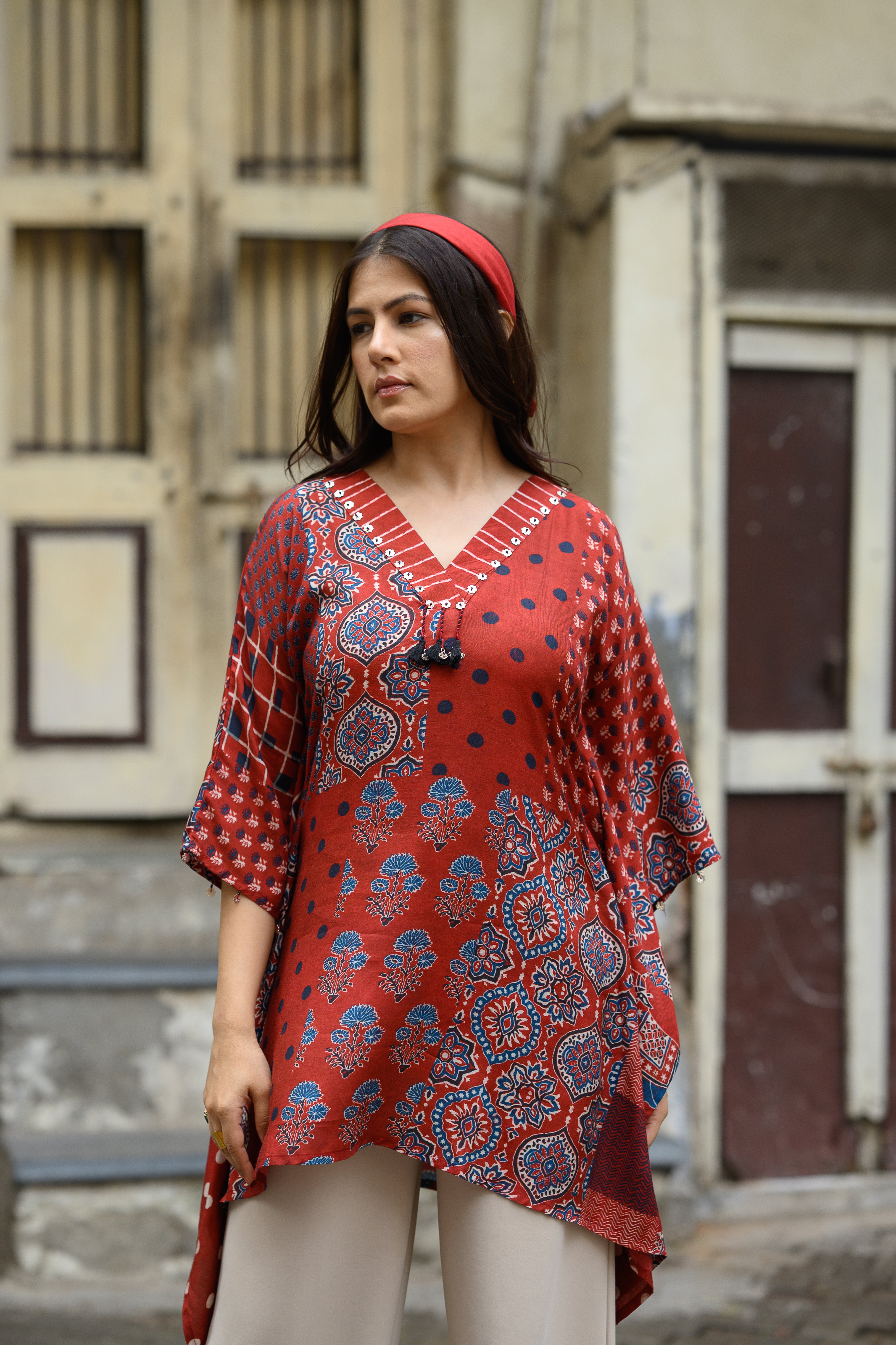 Red Block Placement Print Muslin Kaftan