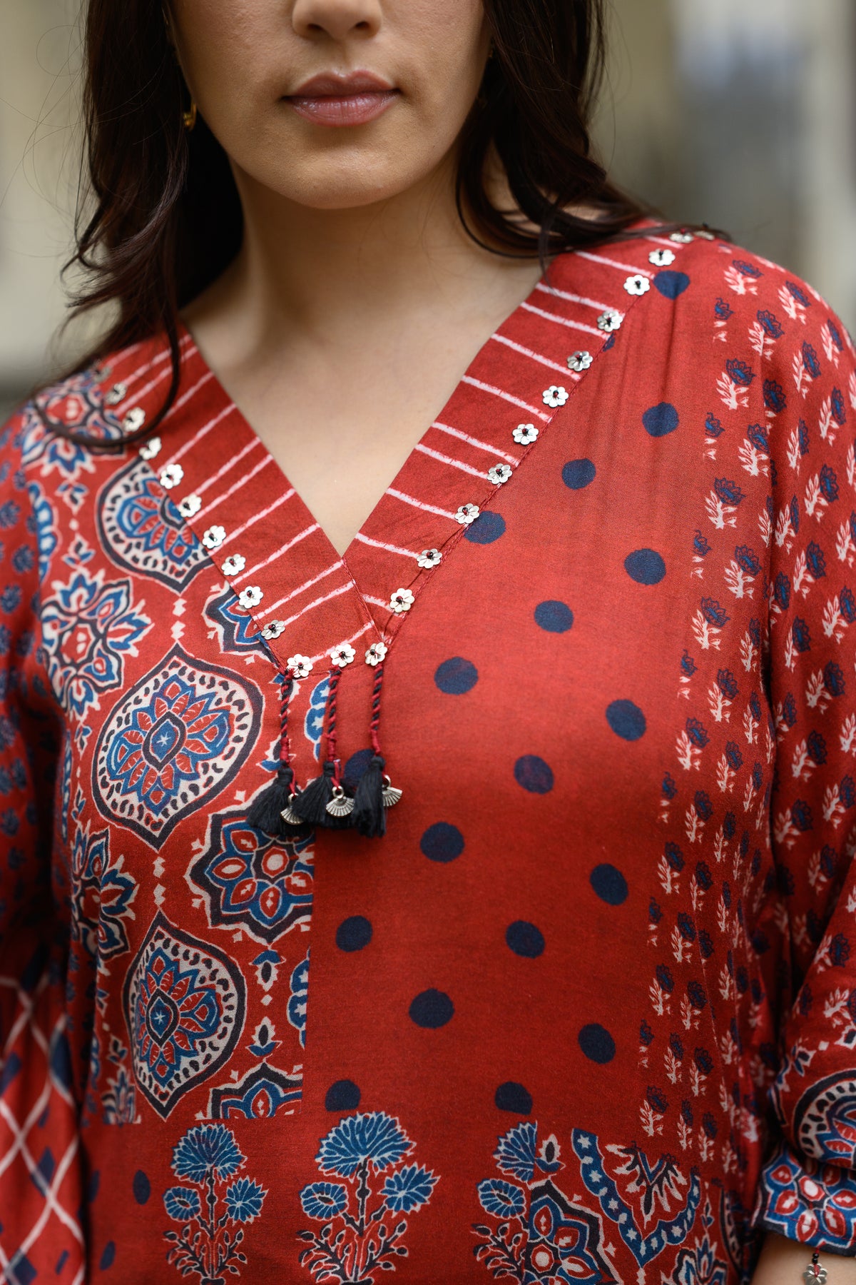 Red Block Placement Print Muslin Kaftan