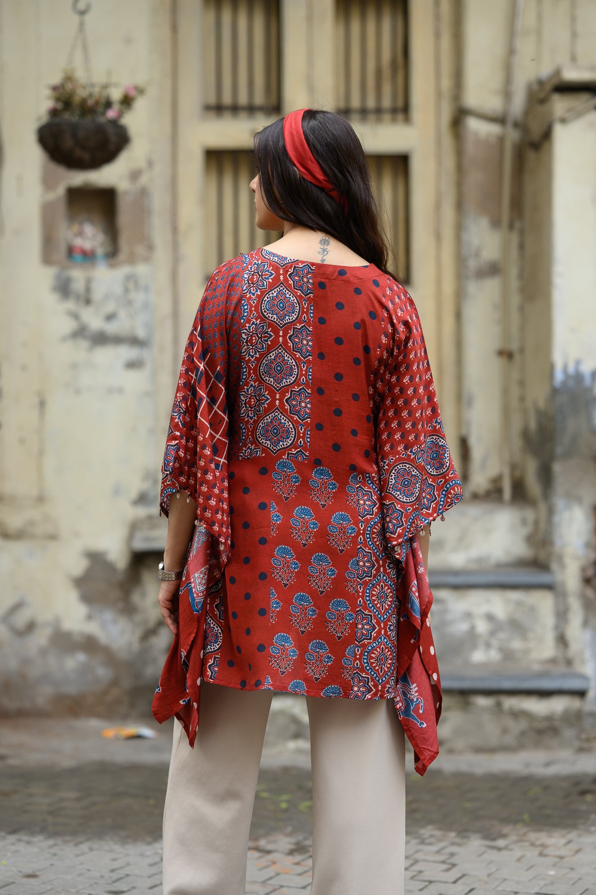 Red Block Placement Print Muslin Kaftan