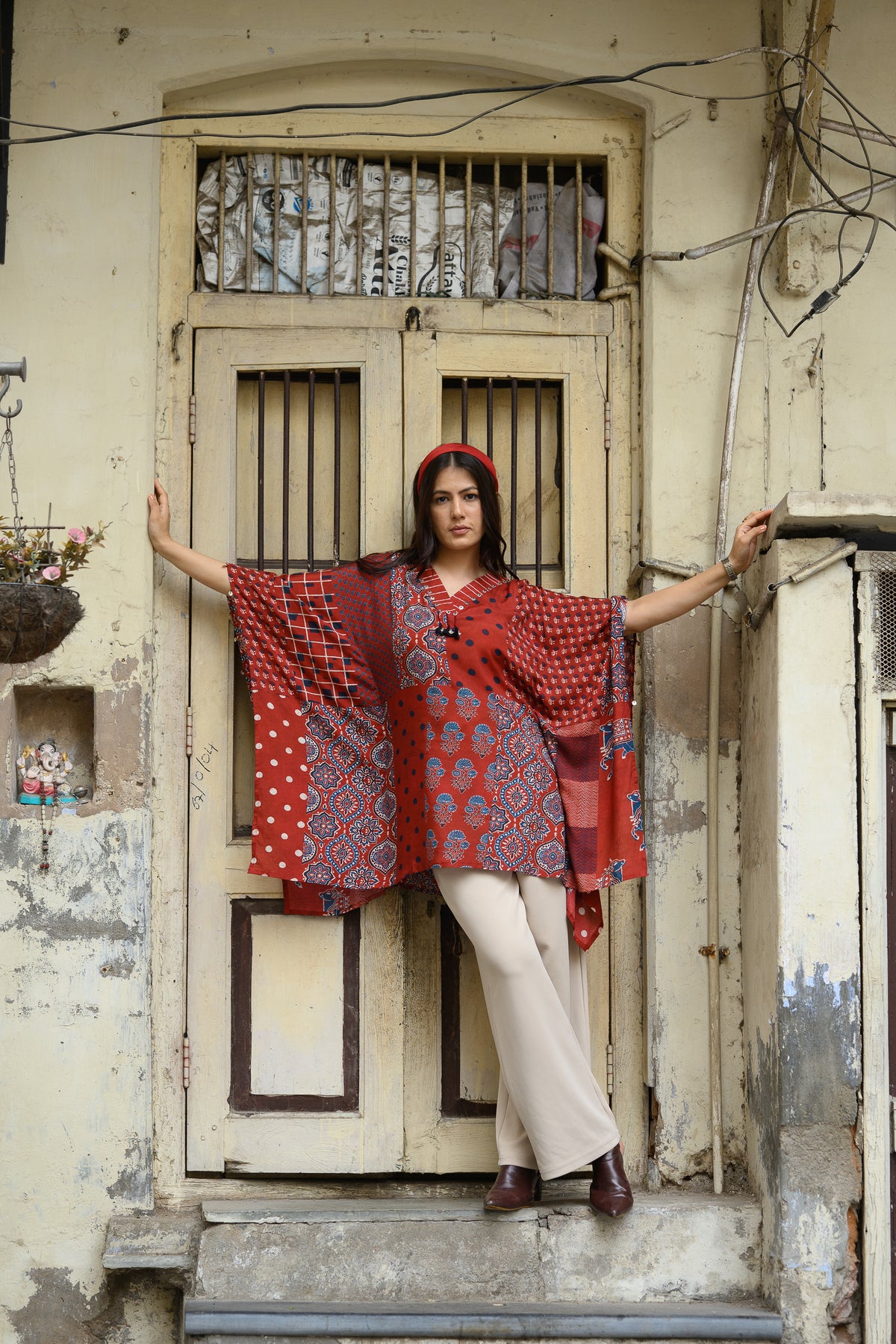 Red Block Placement Print Muslin Kaftan
