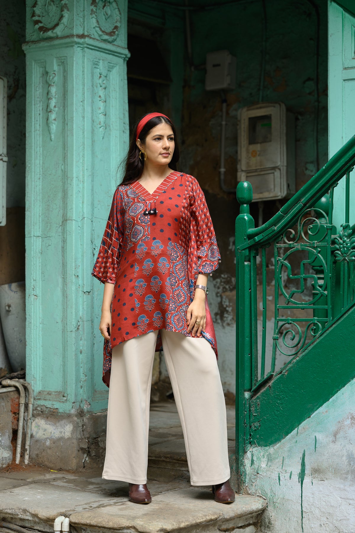 Red Block Placement Print Muslin Kaftan