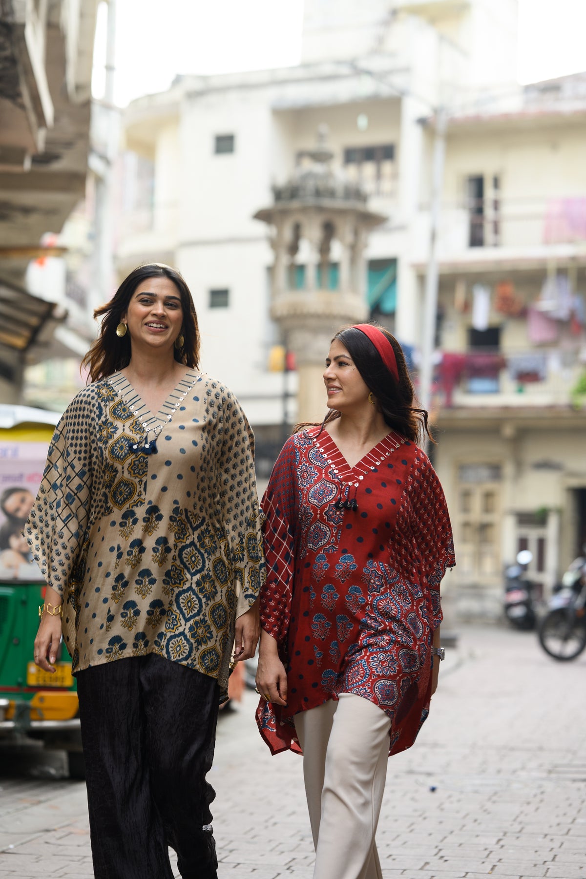 Red Block Placement Print Muslin Kaftan