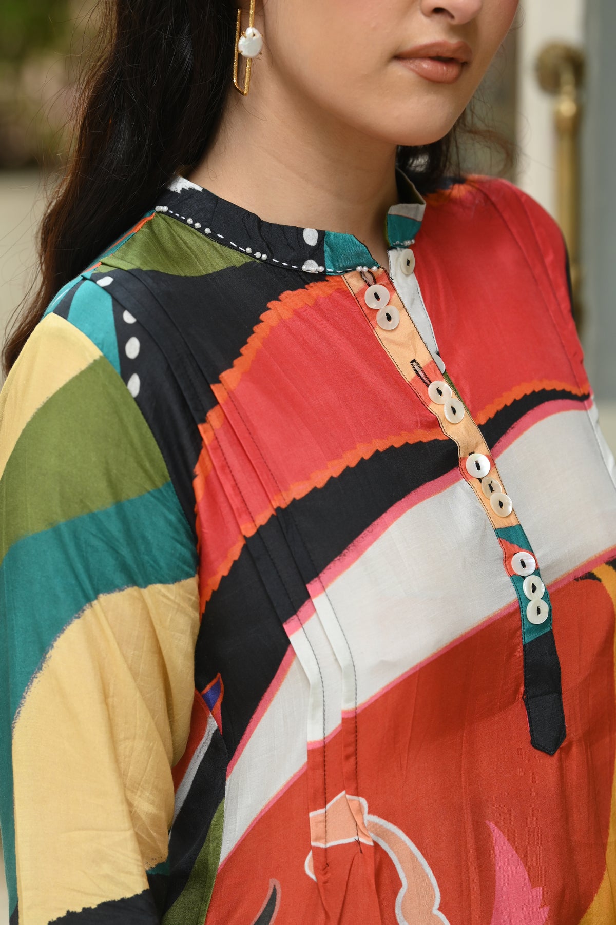Multicolored Leaf Print Muslin Co-Ord Set (Black Base)