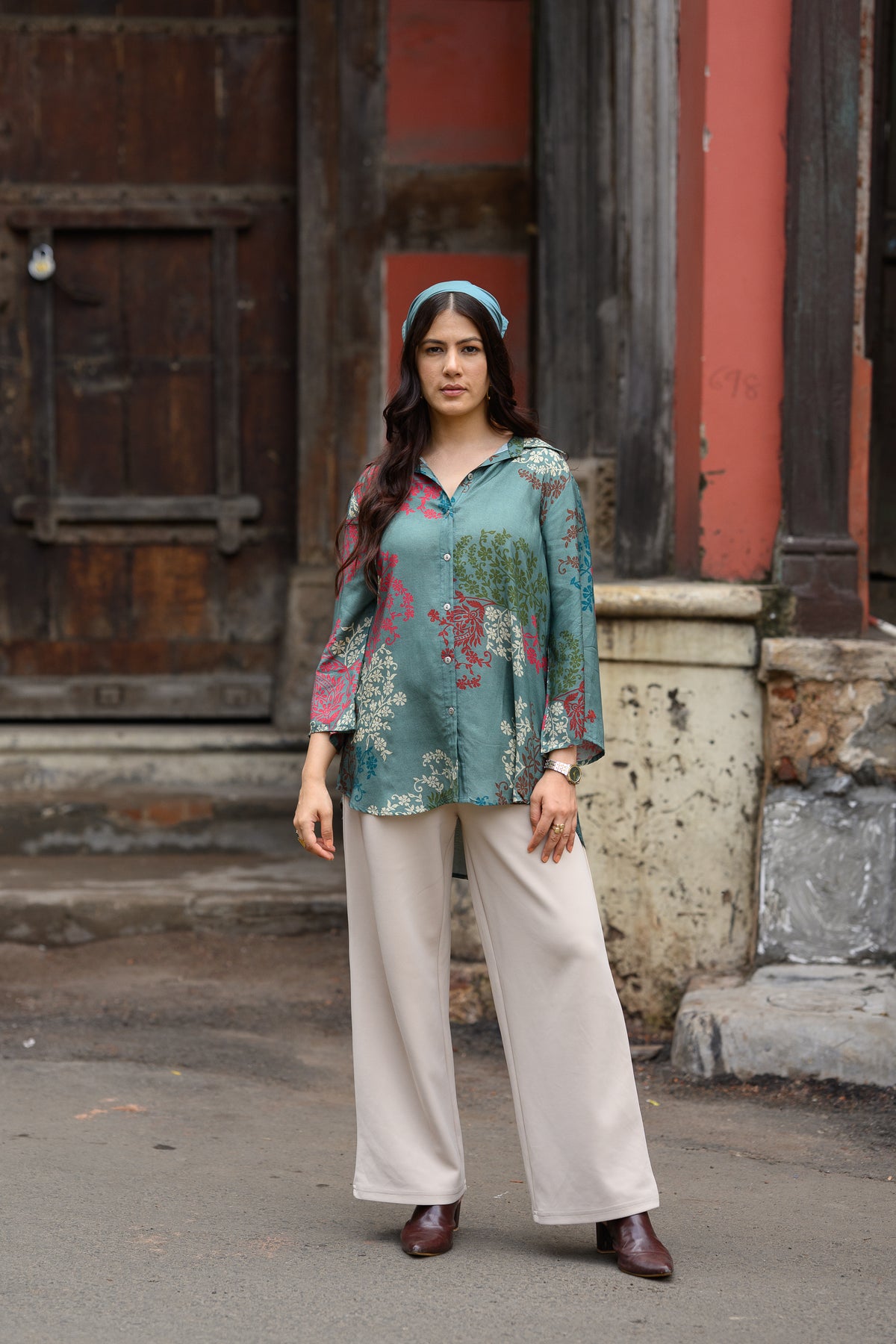 Teal Green Block Placement Muslin Kurta Shirt