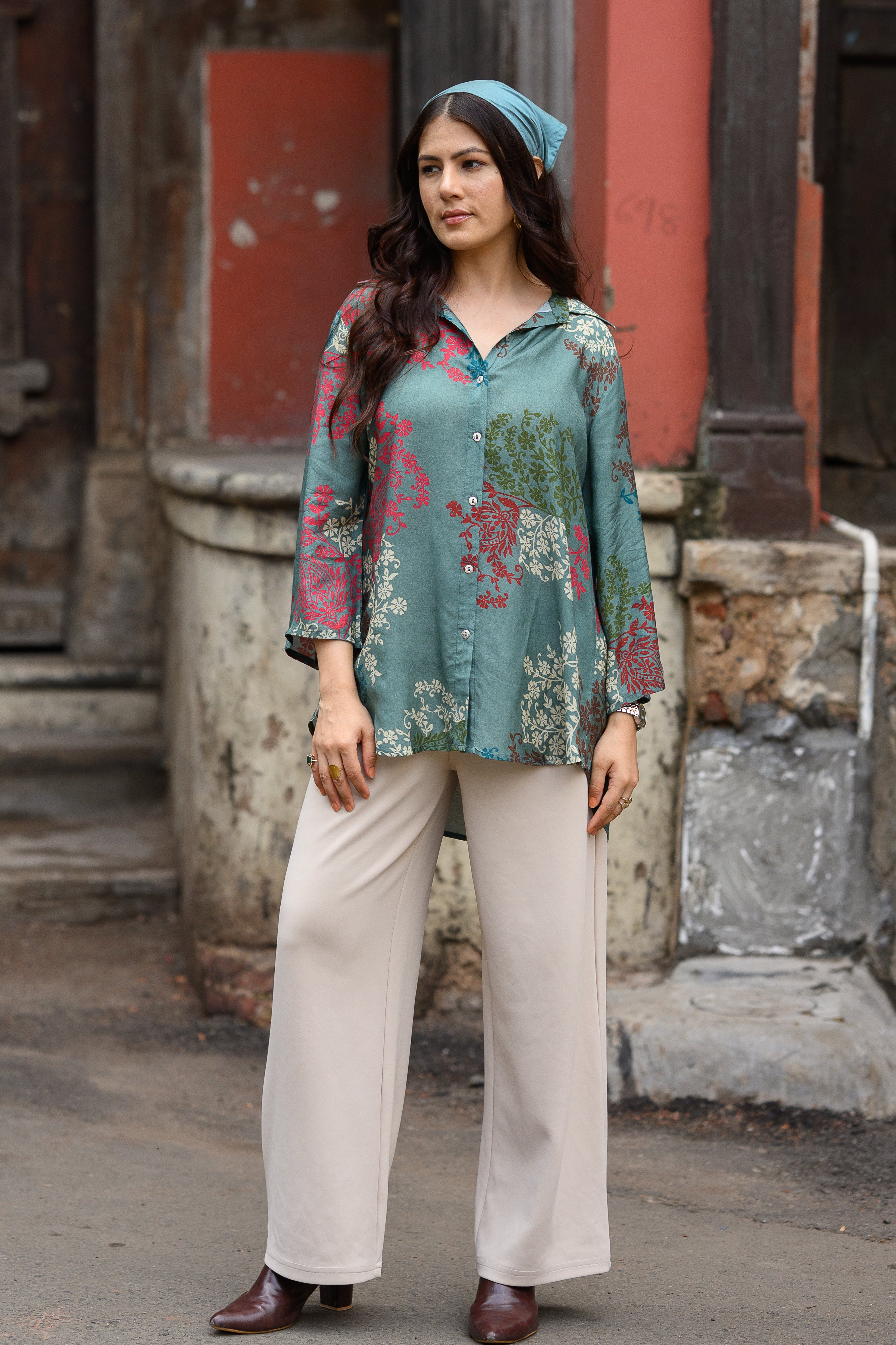 Teal Green Block Placement Muslin Kurta Shirt