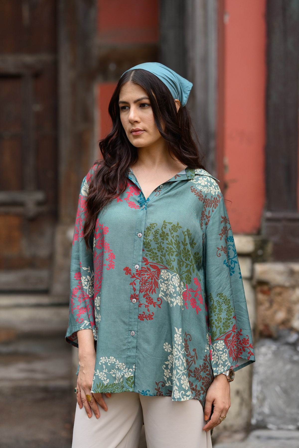 Teal Green Block Placement Muslin Kurta Shirt