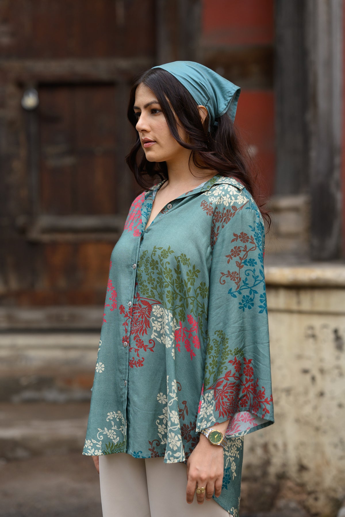 Teal Green Block Placement Muslin Kurta Shirt