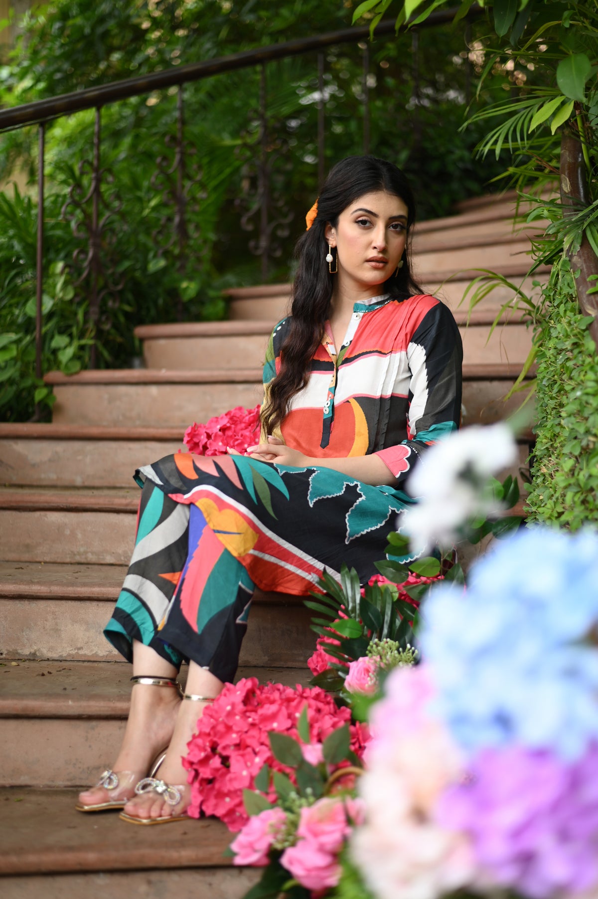 Multicolored Leaf Print Muslin Co-Ord Set (Black Base)