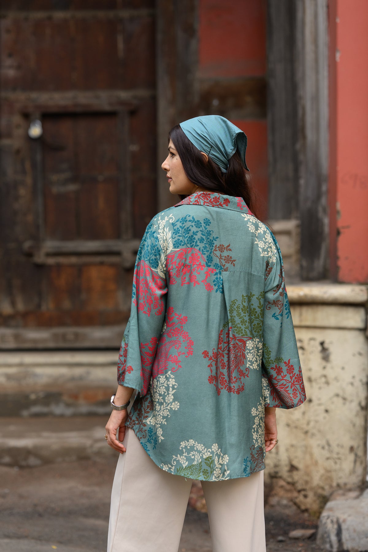 Teal Green Block Placement Muslin Kurta Shirt