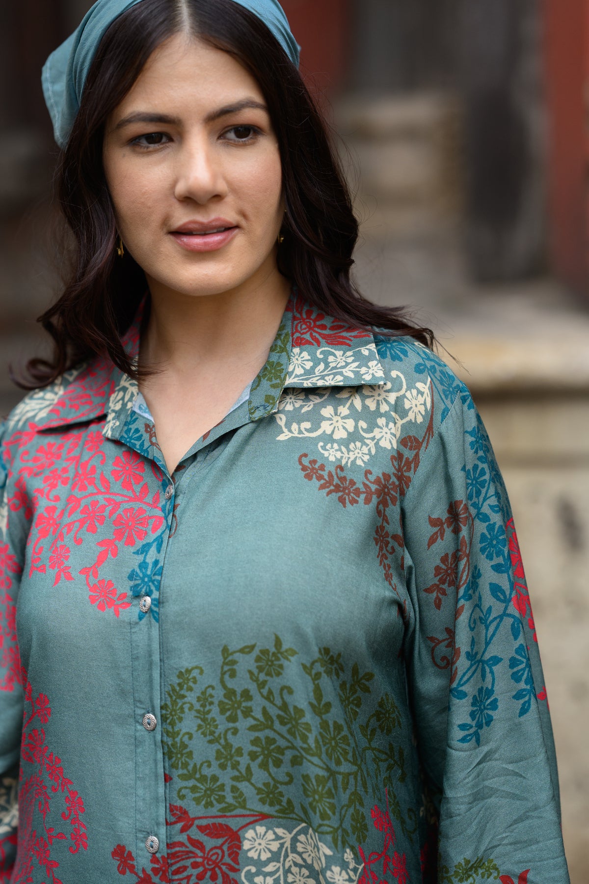 Teal Green Block Placement Muslin Kurta Shirt