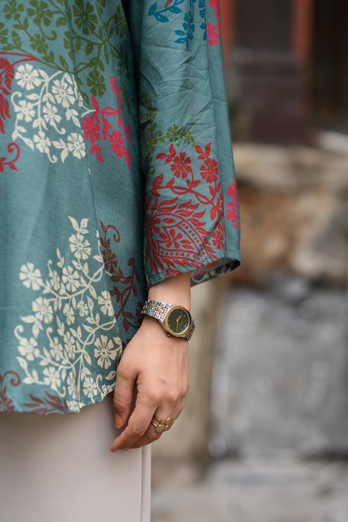 Teal Green Block Placement Muslin Kurta Shirt