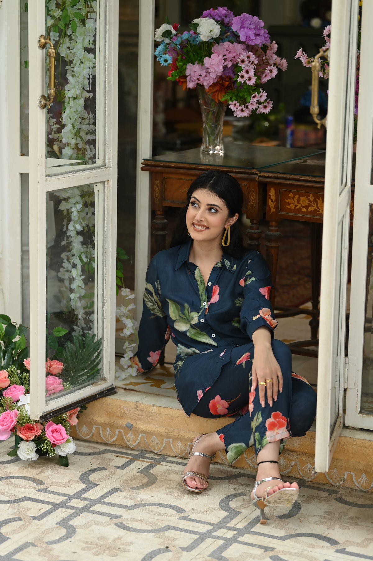Brush Floral Print Co-Ord Set (Blue)