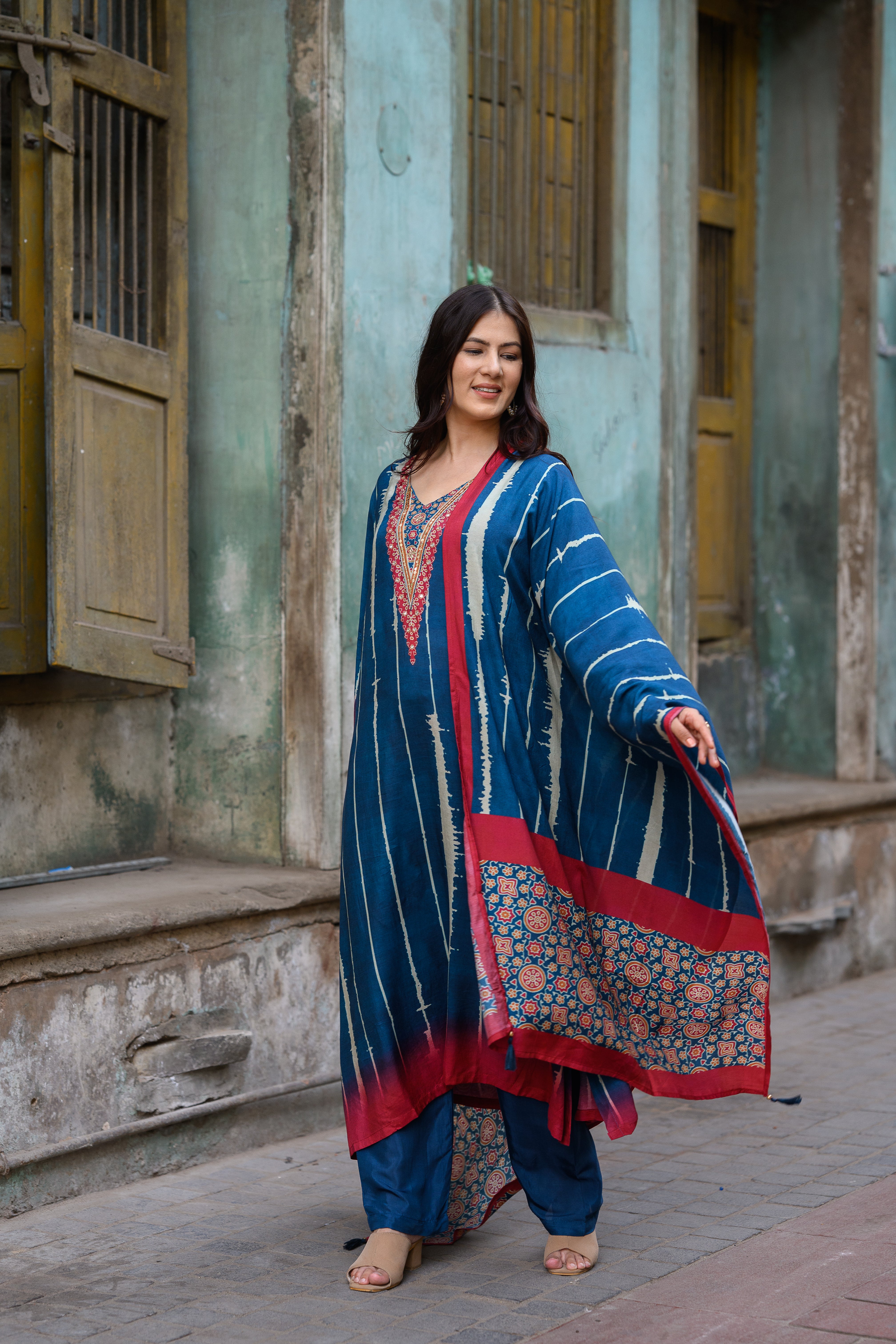 Blue and Red Stripes with Ajrakh Print Muslin Suit Set with Adda Gota Work