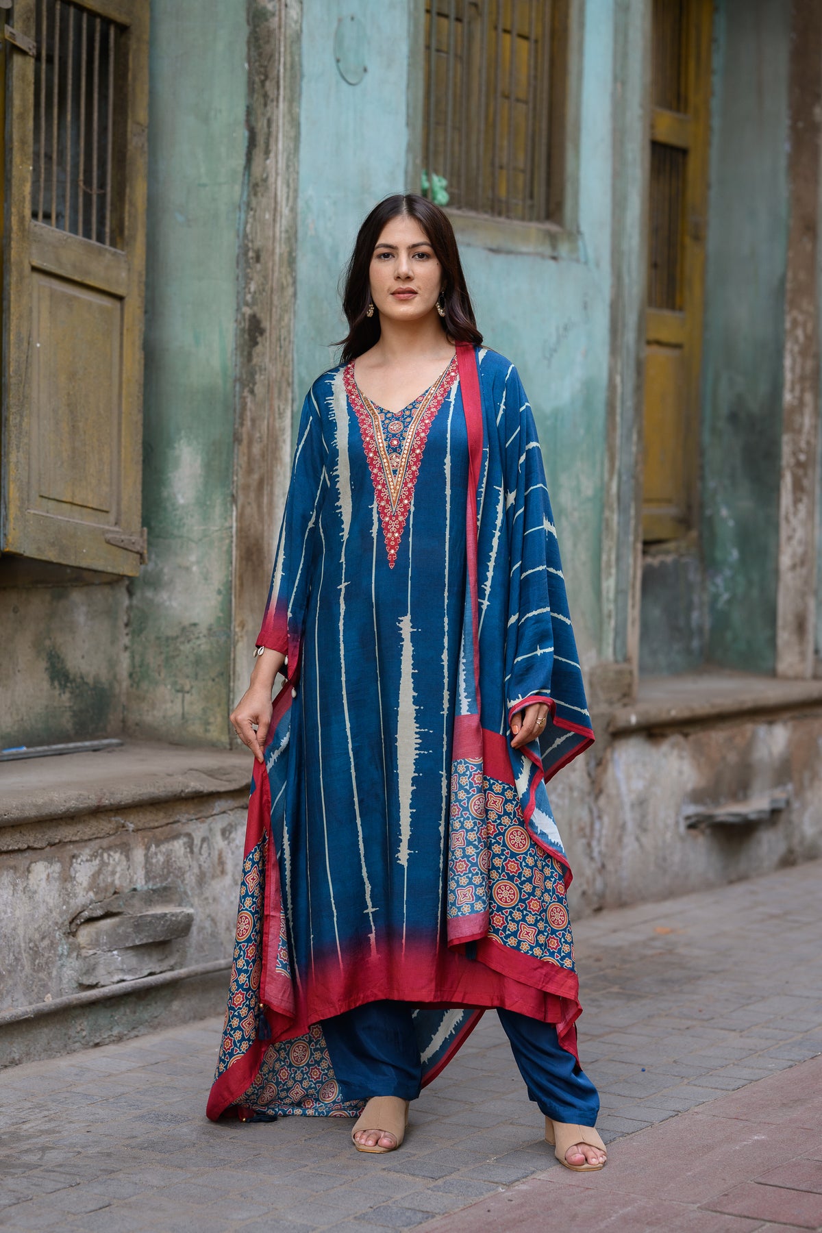 Blue and Red Stripes with Ajrakh Print Muslin Suit Set with Adda Gota Work