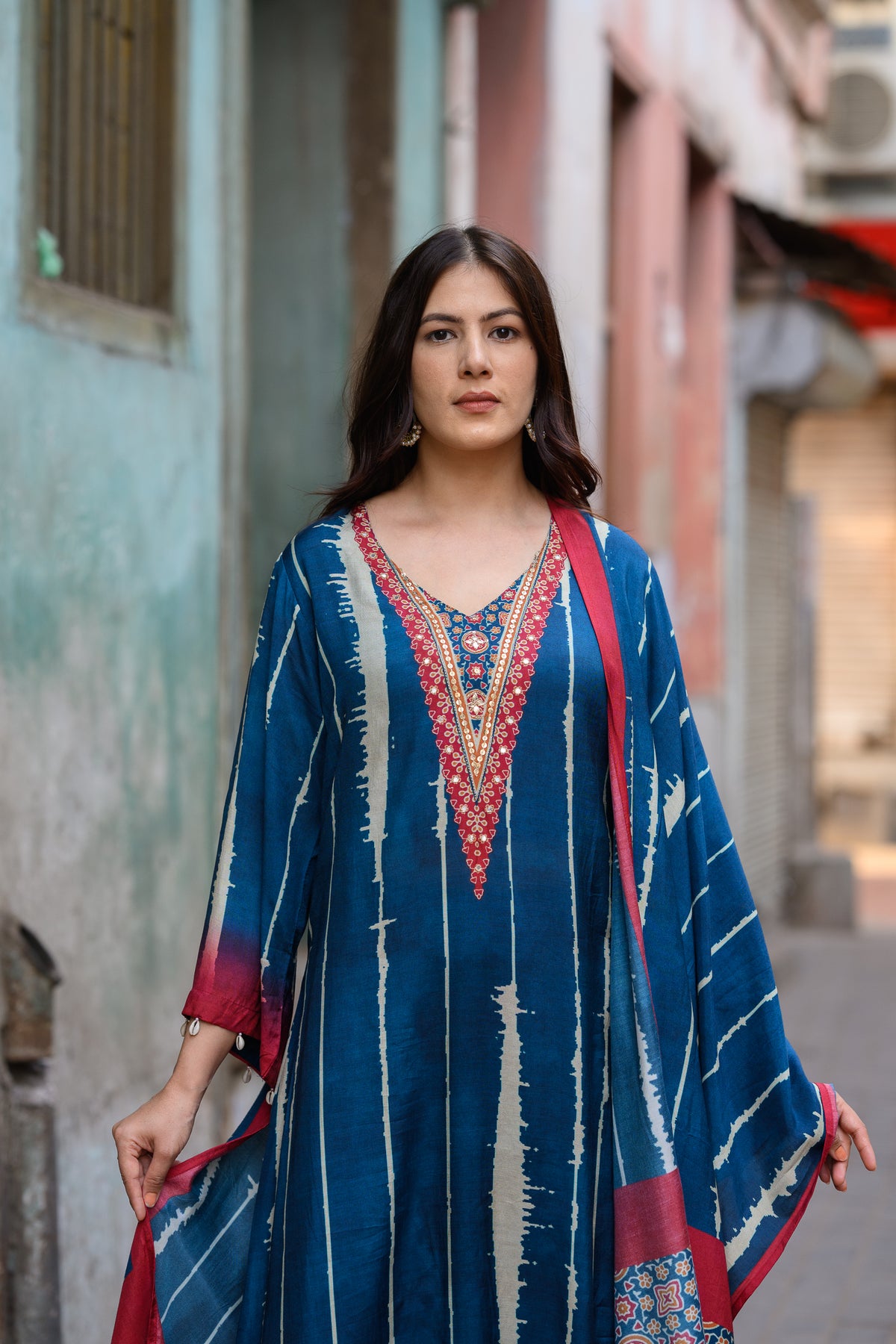Blue and Red Stripes with Ajrakh Print Muslin Suit Set with Adda Gota Work