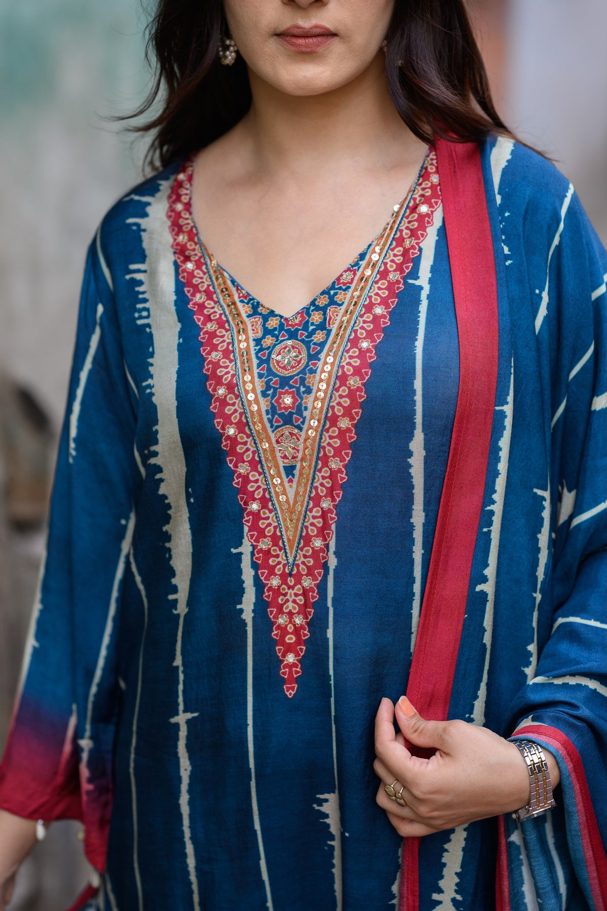 Blue and Red Stripes with Ajrakh Print Muslin Suit Set with Adda Gota Work