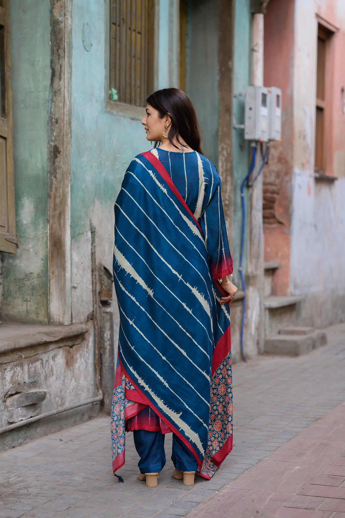 Blue and Red Stripes with Ajrakh Print Muslin Suit Set with Adda Gota Work
