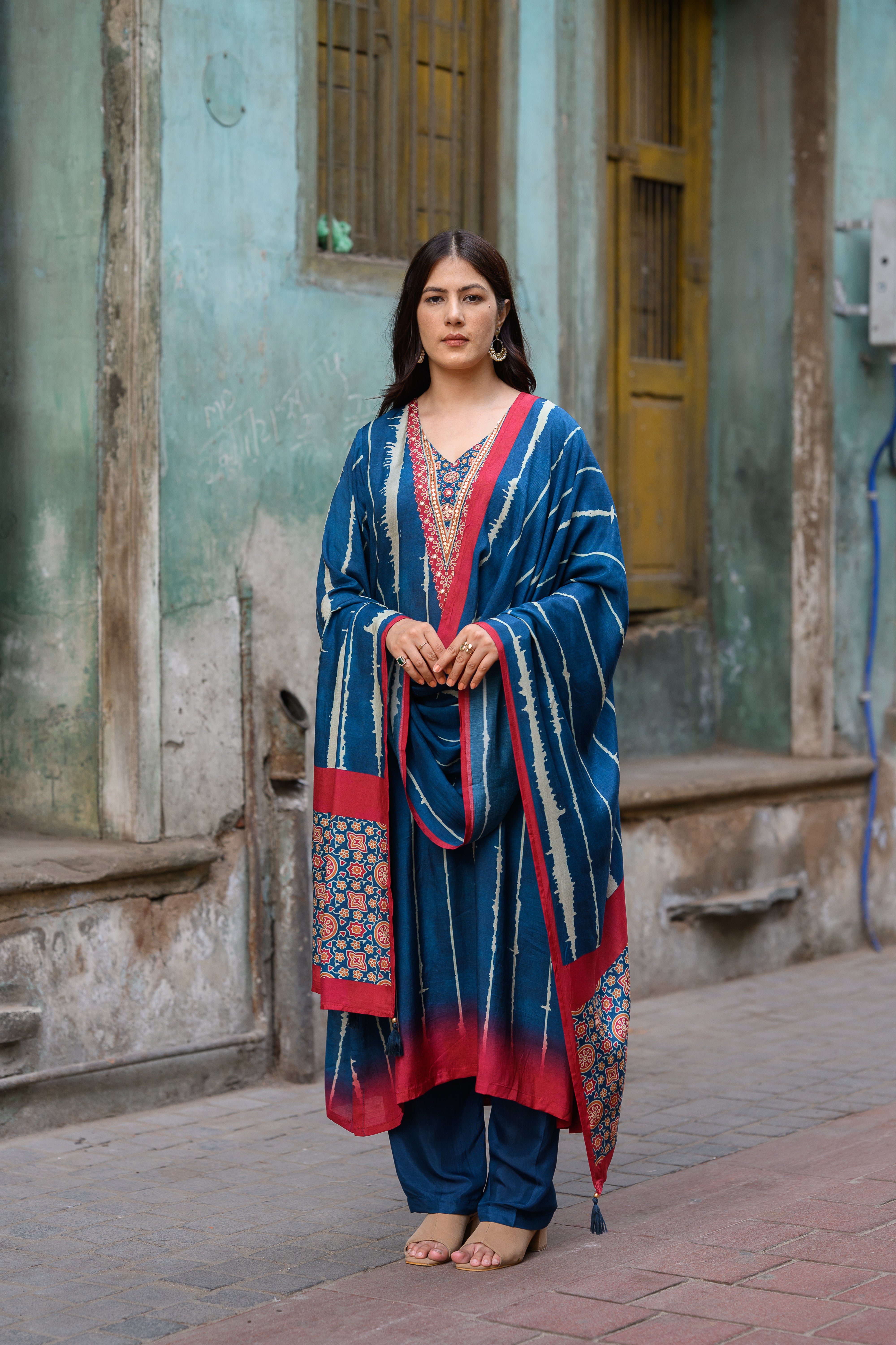 Blue and Red Stripes with Ajrakh Print Muslin Suit Set with Adda Gota Work