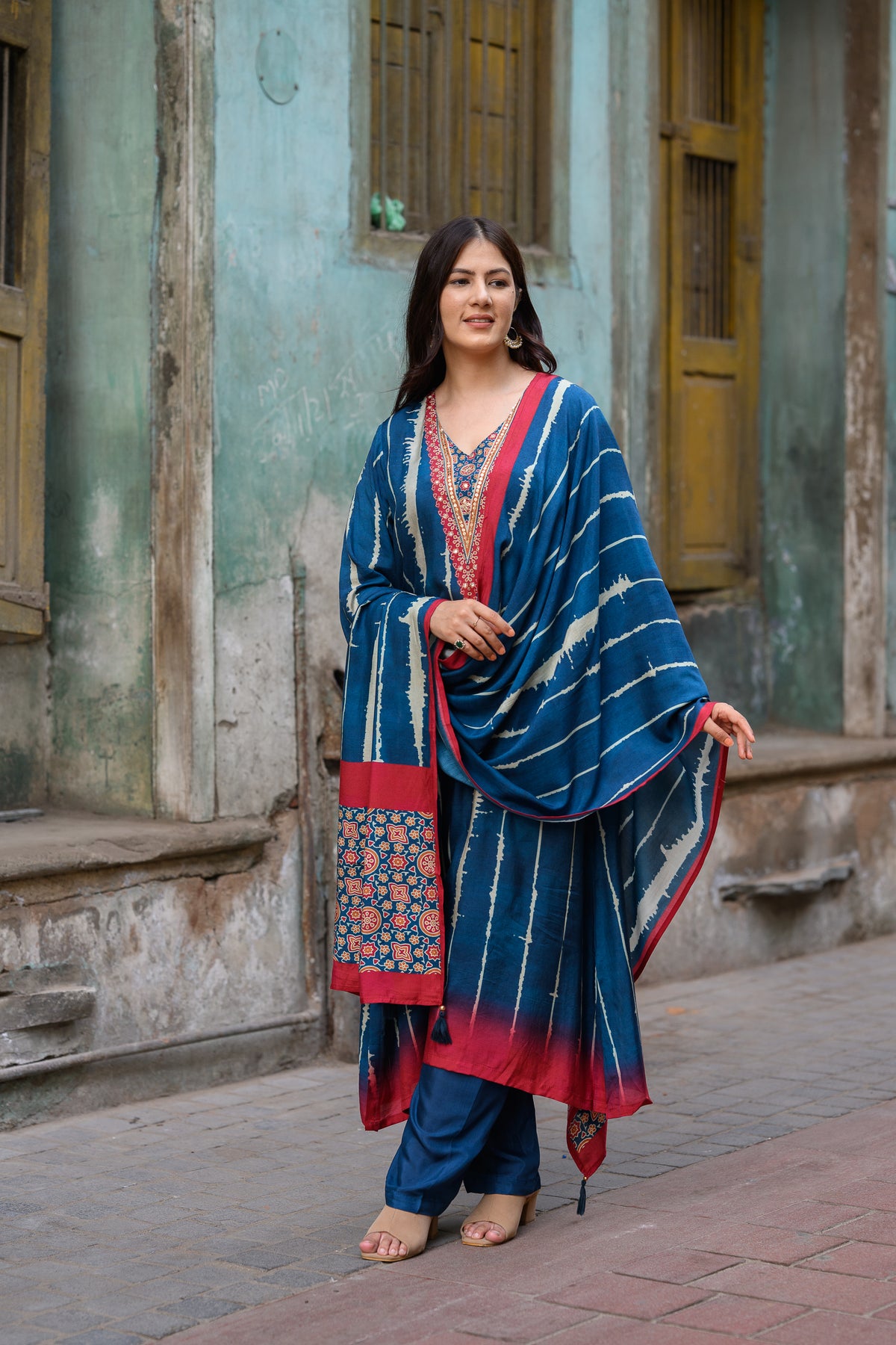Blue and Red Stripes with Ajrakh Print Muslin Suit Set with Adda Gota Work