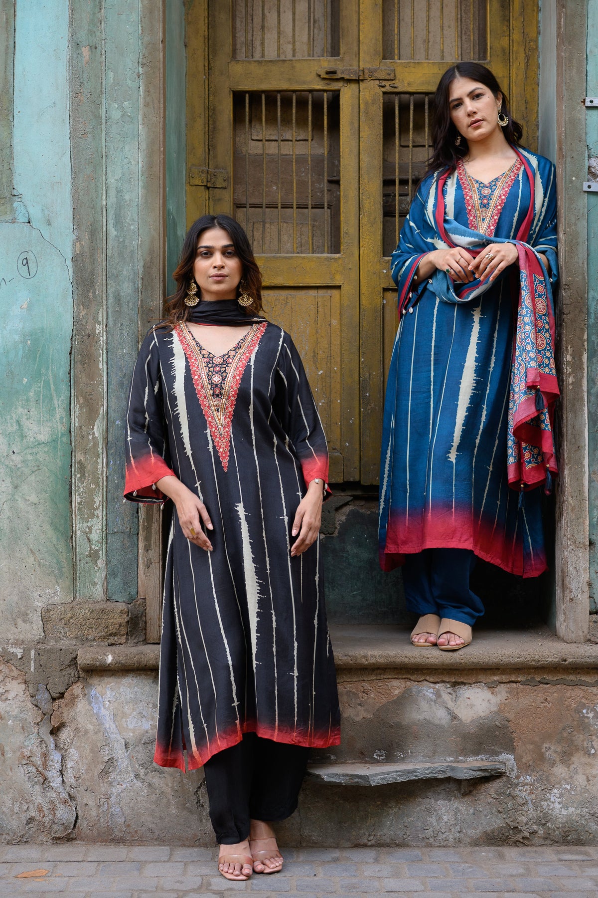 Blue and Red Stripes with Ajrakh Print Muslin Suit Set with Adda Gota Work