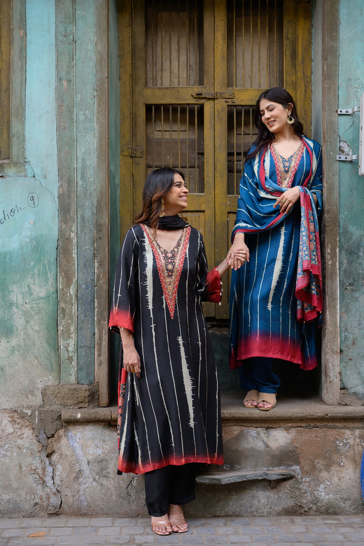 Black and Red Stripes with Ajrakh Print Muslin Suit Set with Adda Gota Work