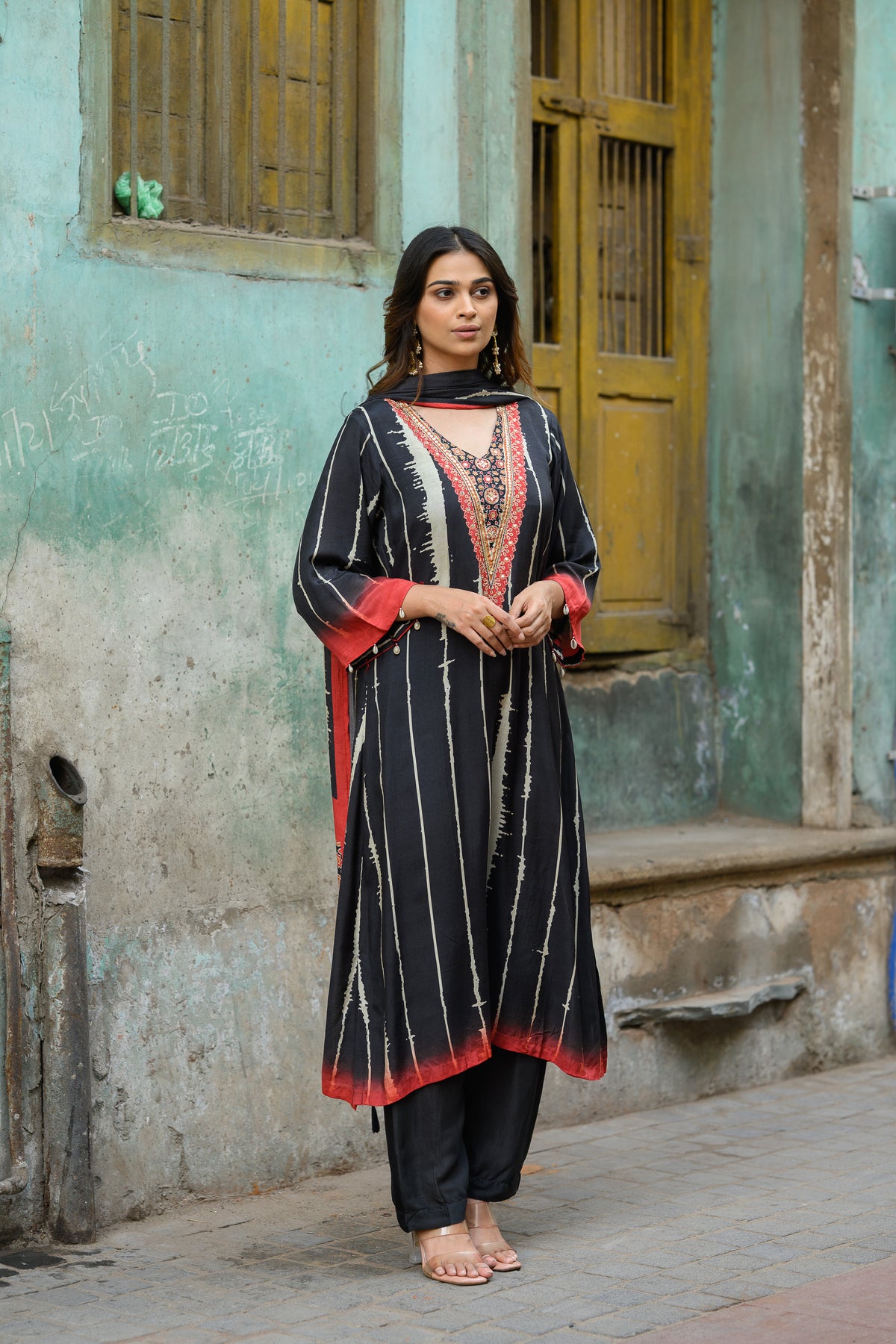 Black and Red Stripes with Ajrakh Print Muslin Suit Set with Adda Gota Work