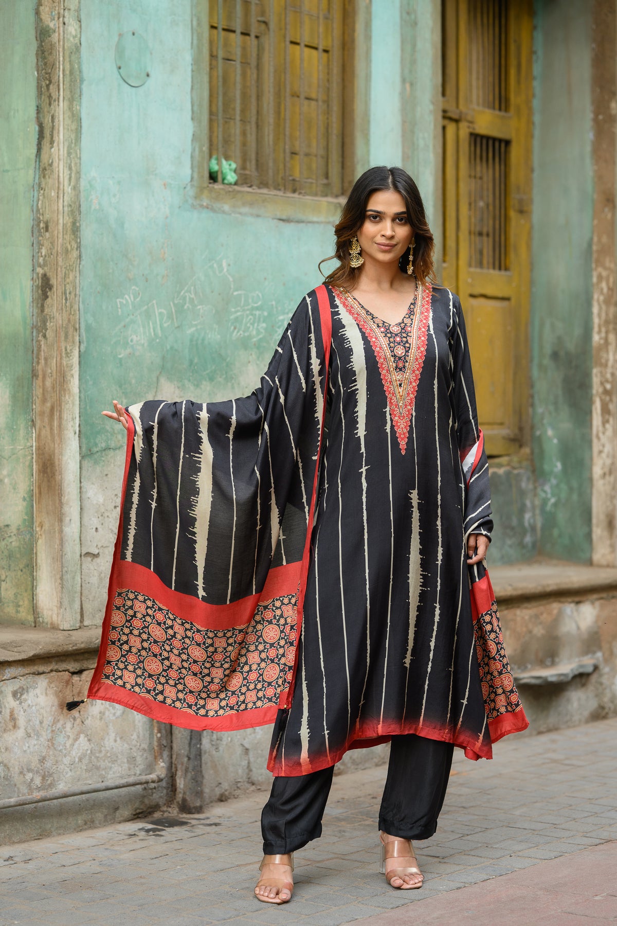 Black and Red Stripes with Ajrakh Print Muslin Suit Set with Adda Gota Work