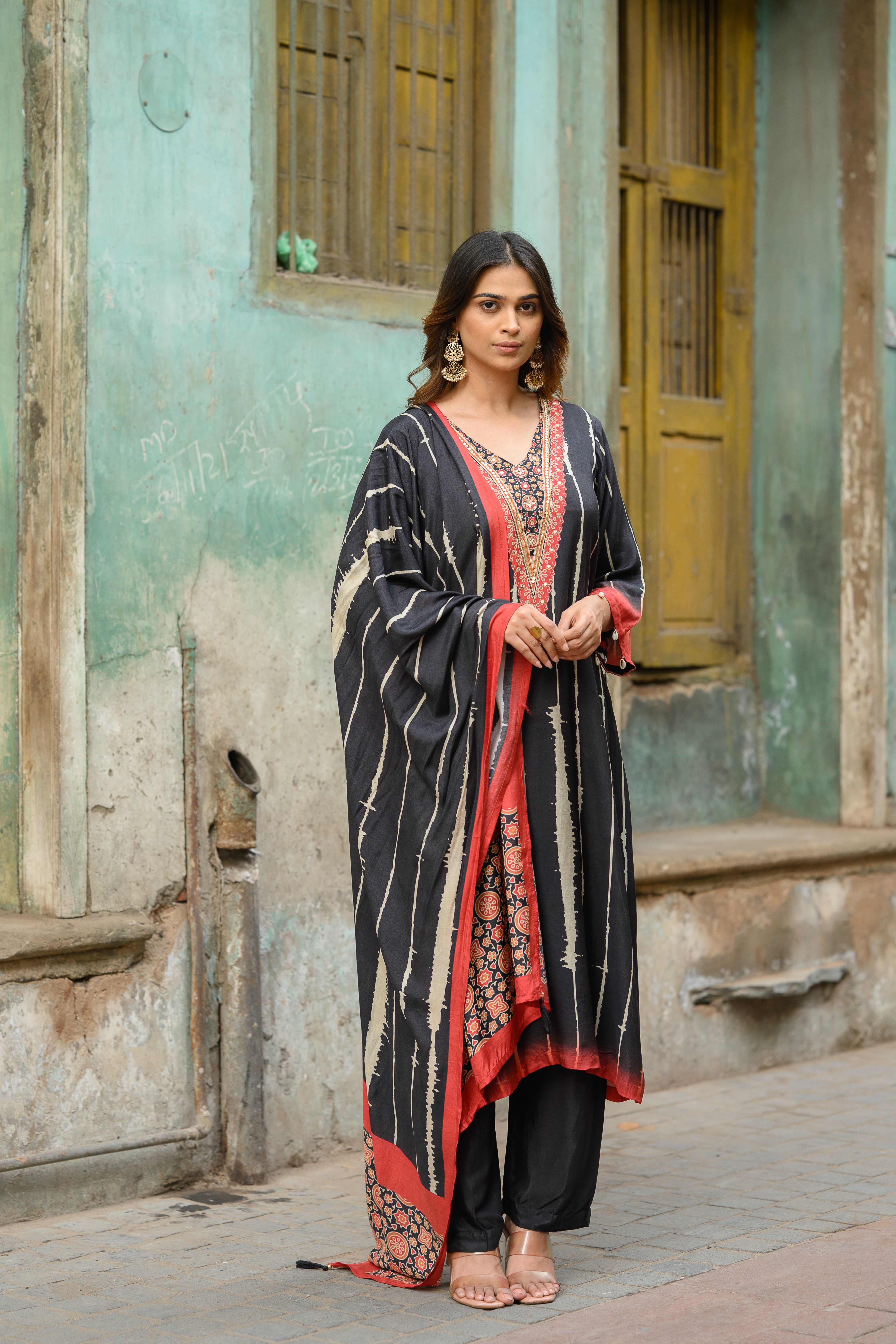 Black and Red Stripes with Ajrakh Print Muslin Suit Set with Adda Gota Work