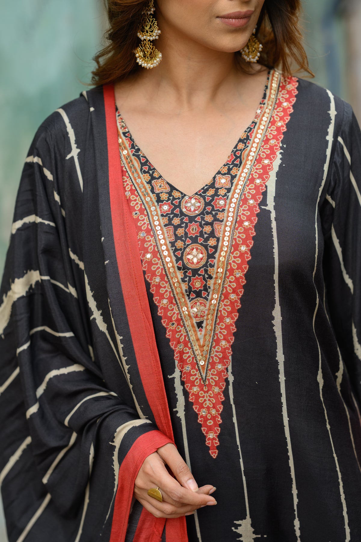 Black and Red Stripes with Ajrakh Print Muslin Suit Set with Adda Gota Work