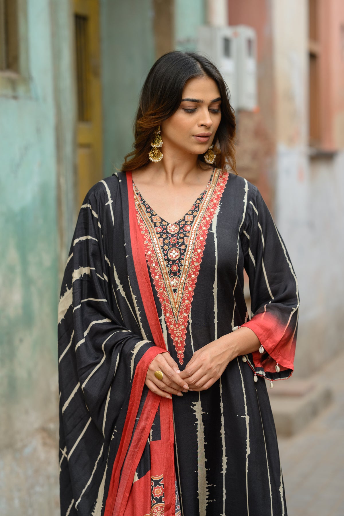 Black and Red Stripes with Ajrakh Print Muslin Suit Set with Adda Gota Work