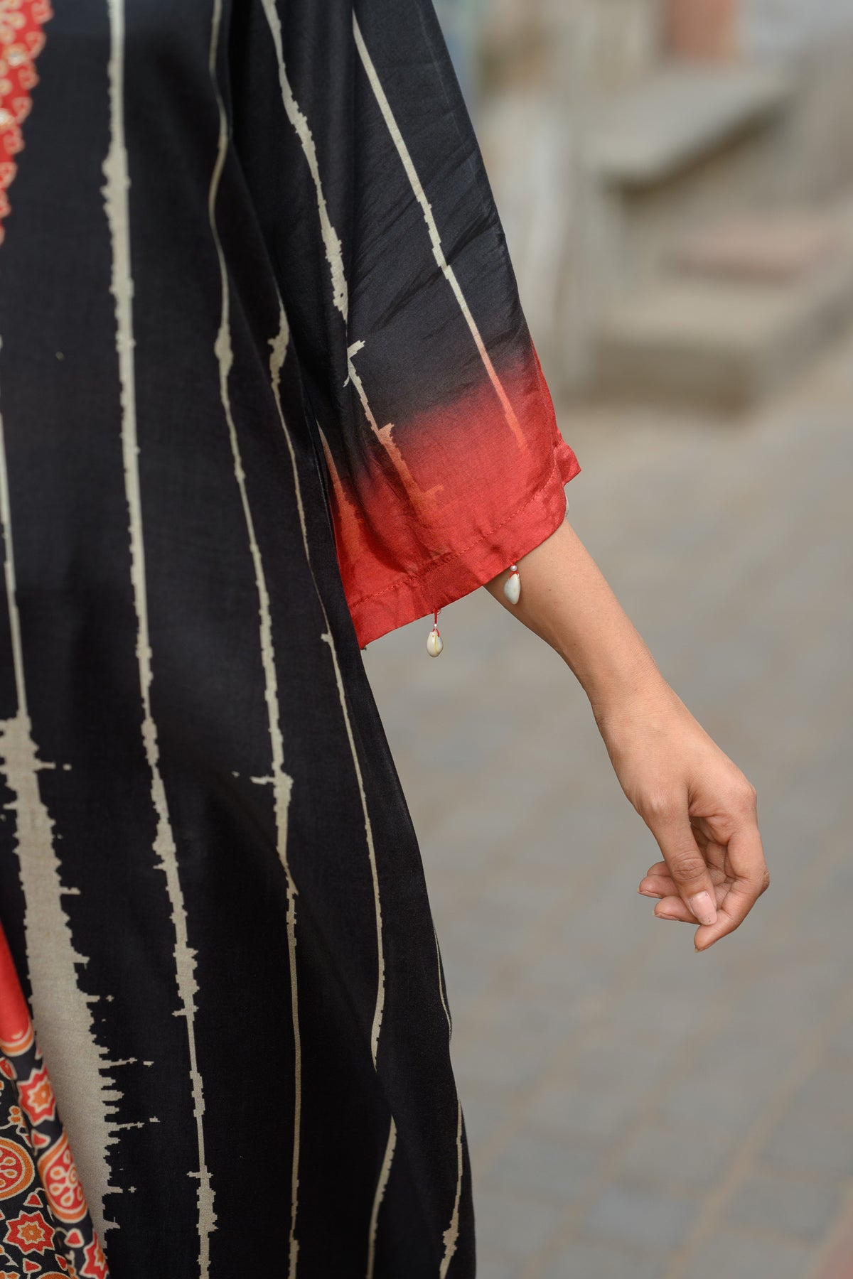 Black and Red Stripes with Ajrakh Print Muslin Suit Set with Adda Gota Work